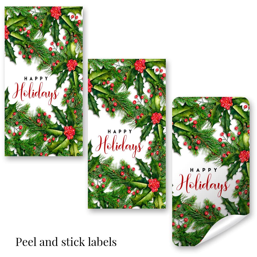 Holiday Holly and Pine Miniature Chocolate Candy Bar Sticker Wrappers, 45 Wrap Around Labels Sized 1.4" x 2.6" by AmandaCreation, Great for Holiday