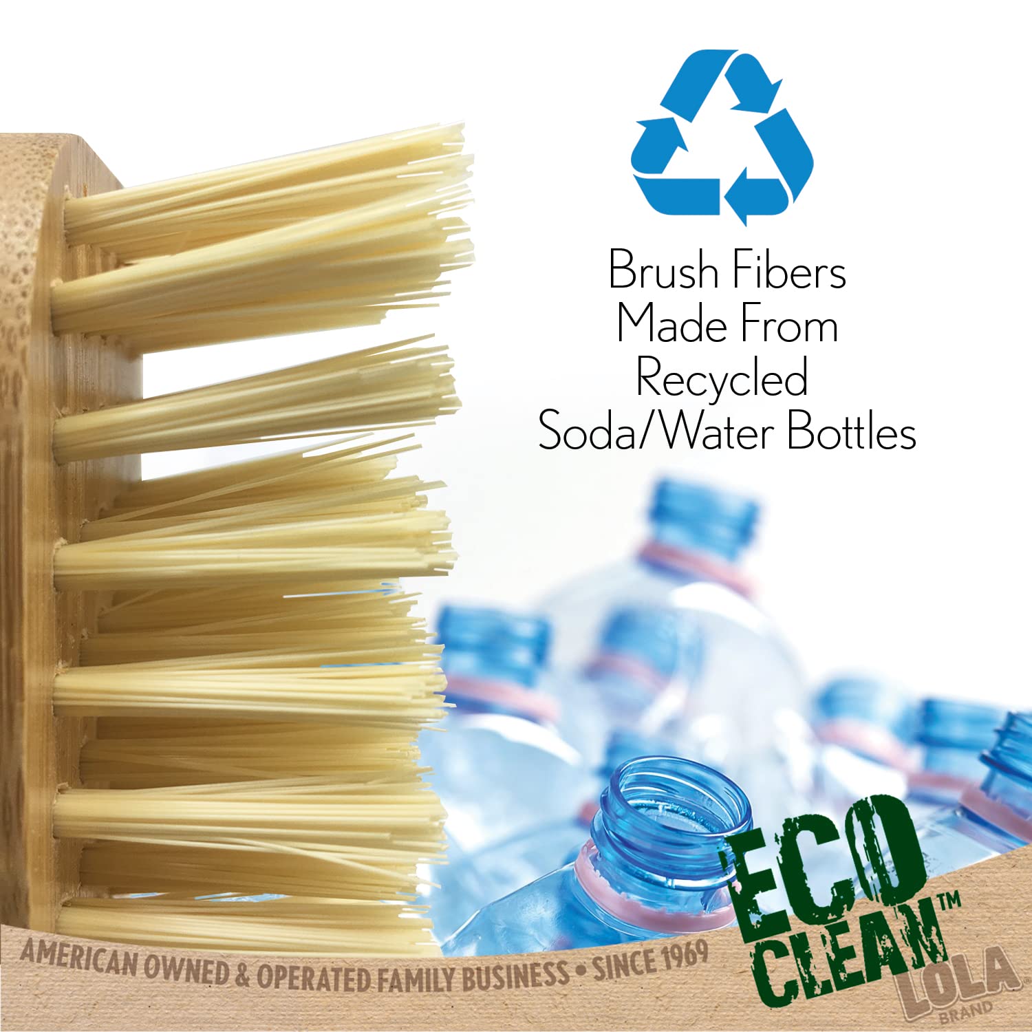 LOLA Bamboo Scrub Brush for Cleaning, Ergonomic Sustainable Durable Poly Bristles Made from Recycled Soda/Water Bottles Easy Hang Hole 1 Pack
