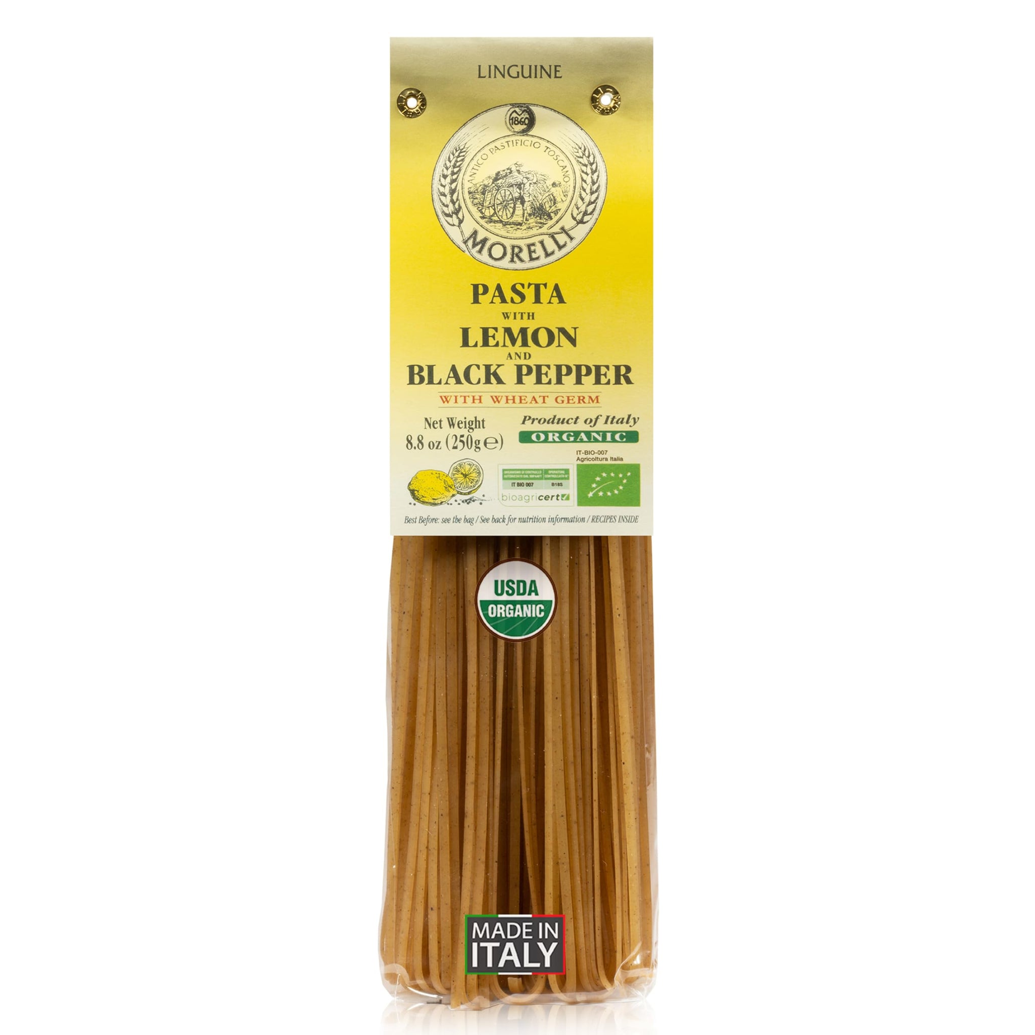 Morelli Lemon Pepper Linguine Pasta with Wheat Germ - Imported Linguine Organic Pasta from Italy - Naturally Flavored, Made in Italy - 8.8 oz (Pack