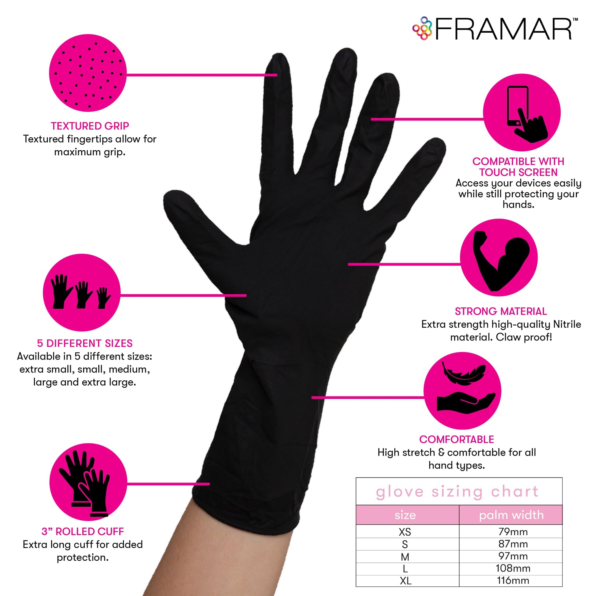 FRAMAR Black Gloves Disposable Latex Free - Extra Small Nitrile Gloves Black, For Hair Dye, Tattoo Supplies, Cleaning, Mechanic - Extra Durable