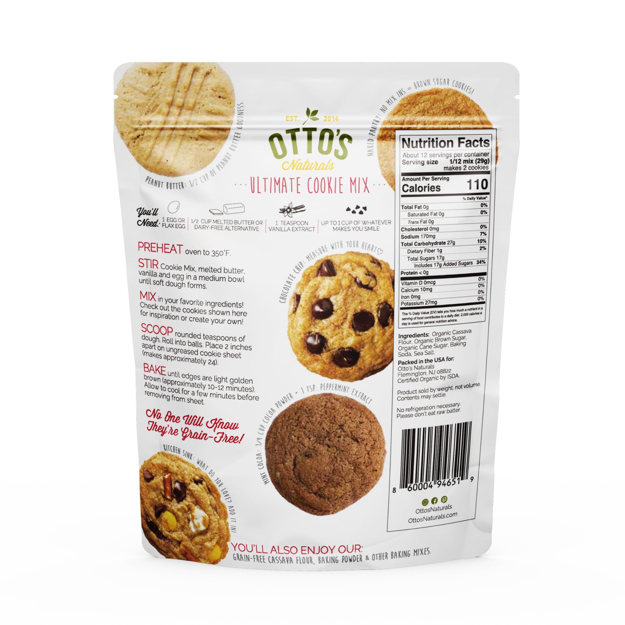 Otto's Naturals Grain-Free Ultimate Cookie Mix, 12.2 Oz., Top 9 Allergen-Free, Organic Cassava Flour, Gluten Free, Non-GMO, Vegan, Plant-Based