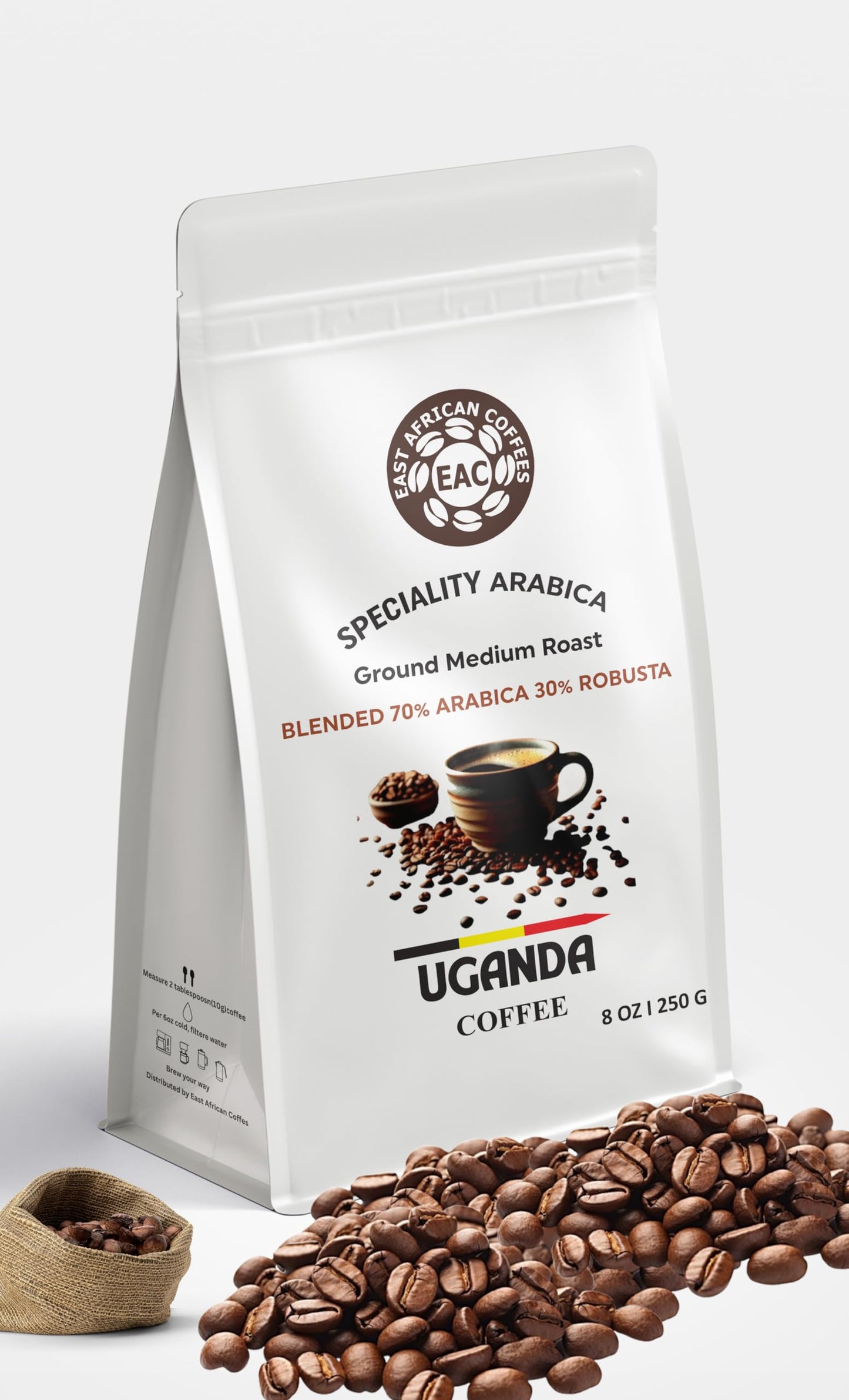 East African Coffees Uganda Espresso Blend - 70% Arabica 30% Robusta Medium Roast Ground Coffee, Bold Crema, Full Body, Single Origin Uganda, 8 oz