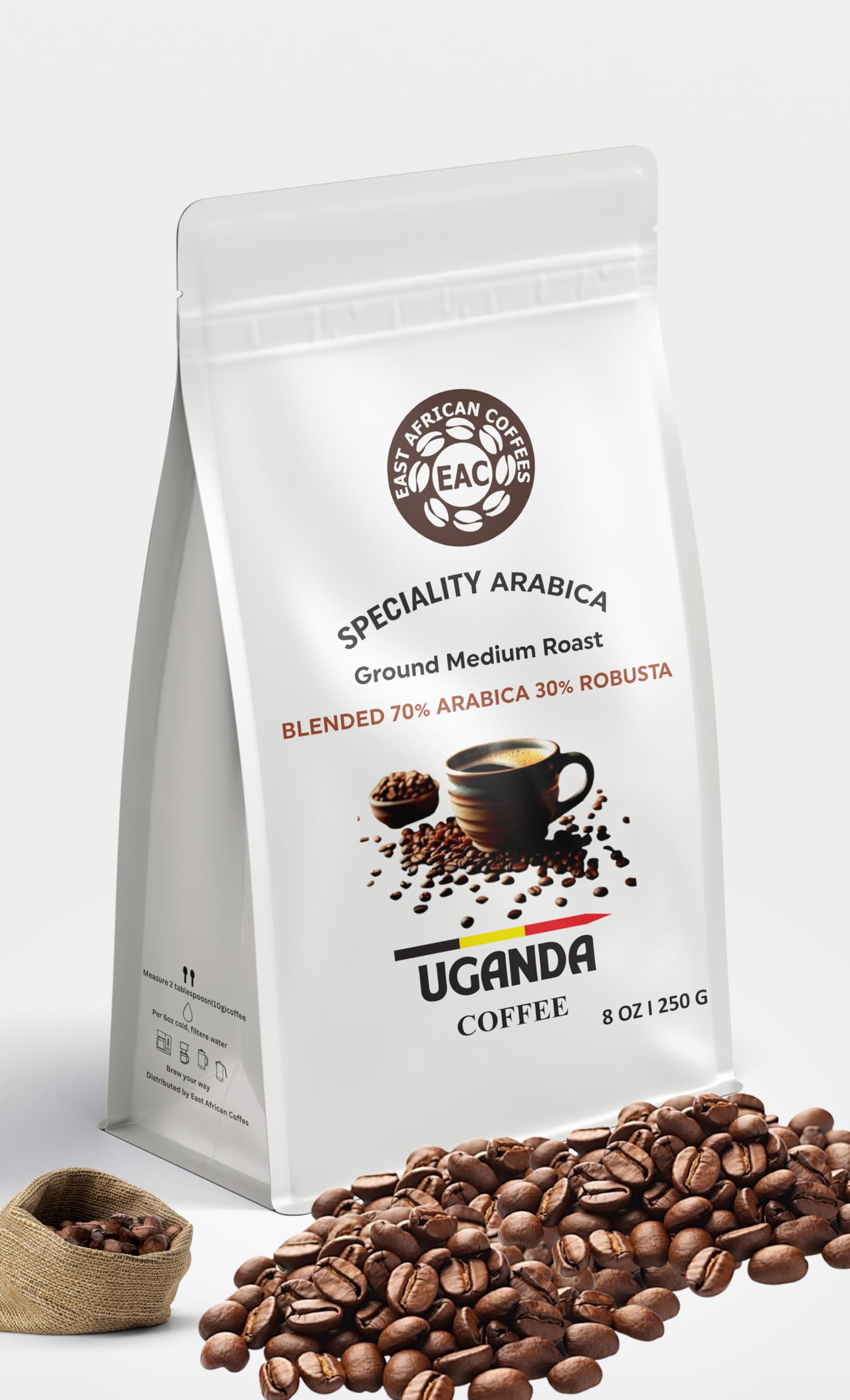 East African Coffees Uganda Espresso Blend - 70% Arabica 30% Robusta Medium Roast Ground Coffee, Bold Crema, Full Body, Single Origin Uganda, 8 oz
