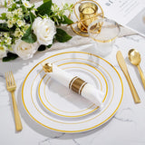 WELLIFE 350-Piece Gold Disposable Plates and Cutlery Set - Premium 10.25" Dinner Plates, 7.5" Dessert Plates, 9oz Cups & Cutlery for Weddings