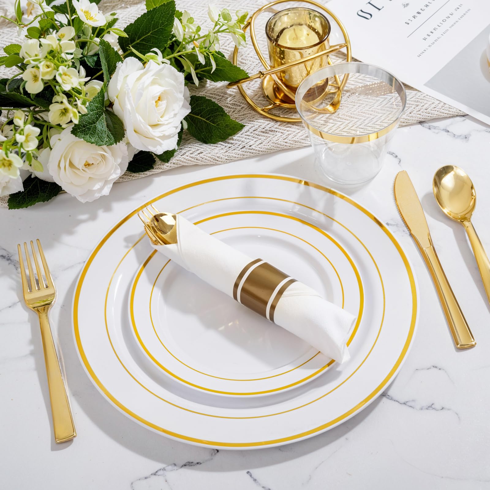 WELLIFE 350-Piece Gold Disposable Plates and Cutlery Set - Premium 10.25" Dinner Plates, 7.5" Dessert Plates, 9oz Cups & Cutlery for Weddings