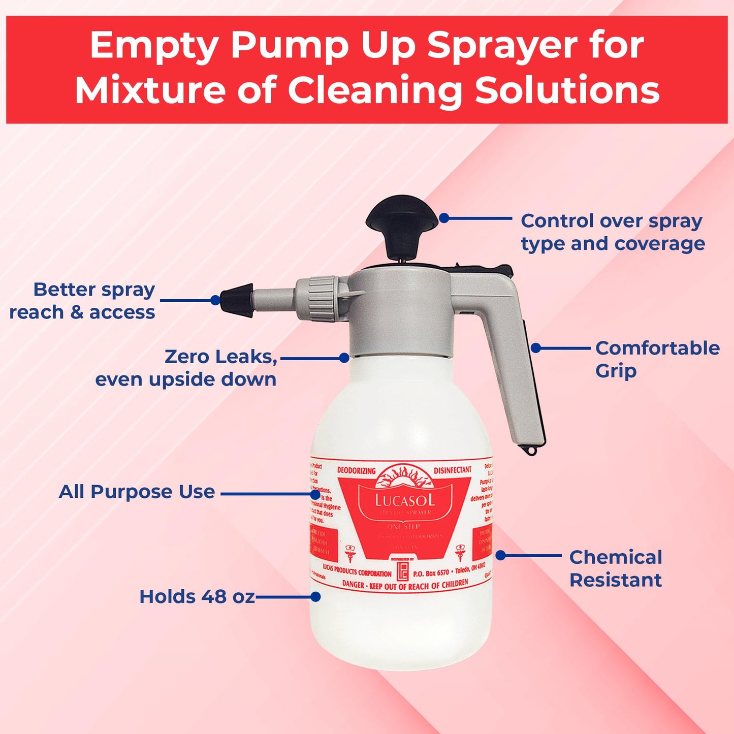 Lucasol Pump Up Sprayer for Large-Area Disinfecting, Easy Handheld Empty Spray Bottle for Salon & Spa Multi Purpose Sanitizer - 48 Fl Oz Capacity