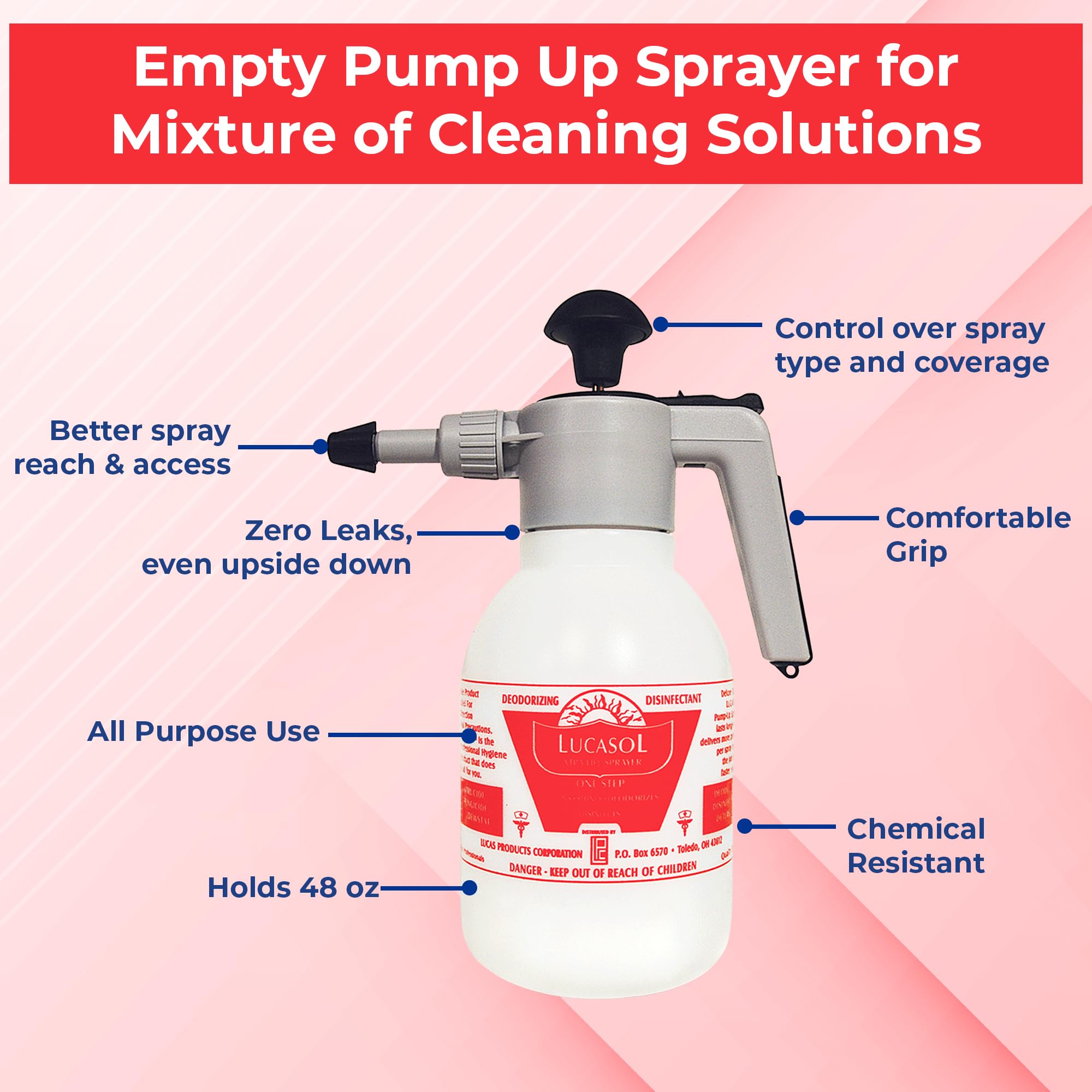 Lucasol Pump Up Sprayer for Large-Area Disinfecting, Easy Handheld Empty Spray Bottle for Salon & Spa Multi Purpose Sanitizer - 48 Fl Oz Capacity