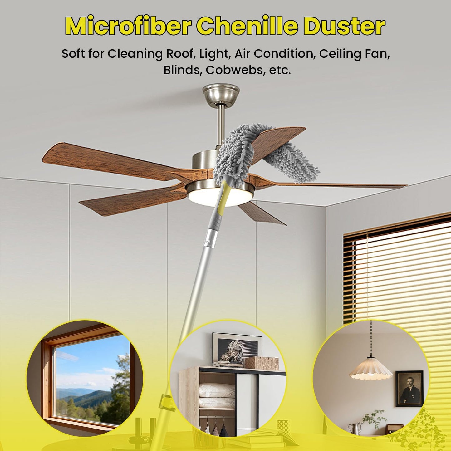20FT High Ceiling Duster Kits with 3-12 Ft Extension Pole, Fan Blade Cleaner, Cobweb Duster, Window Squeegee Kit, Spider Web Brush for High Window