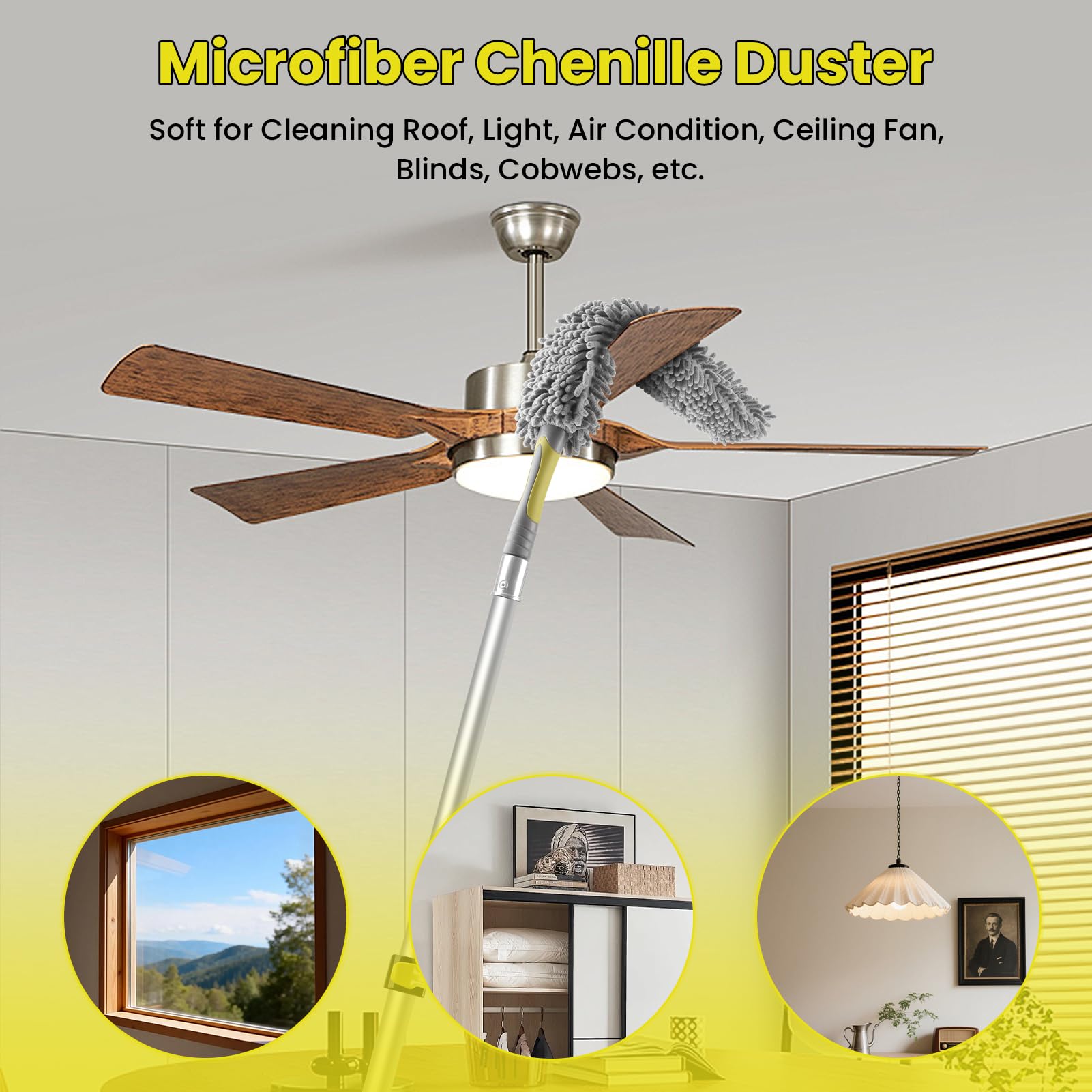 20FT High Ceiling Duster Kits with 3-12 Ft Extension Pole, Fan Blade Cleaner, Cobweb Duster, Window Squeegee Kit, Spider Web Brush for High Window