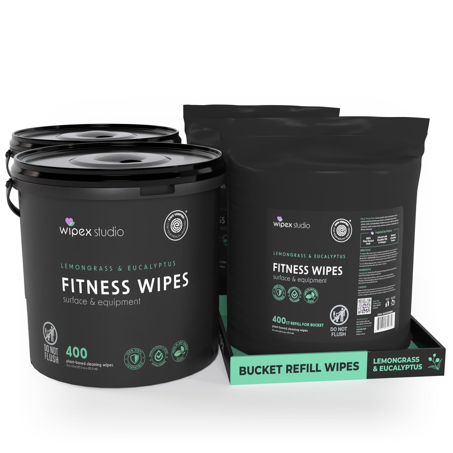Wipex Gym Equipment Wipes Bundle - EWG Verified - Get 1600 Wipes with (2) Lemongrass & Eucalyptus Buckets & (2) Refill Rolls, Plant-Based Fitness