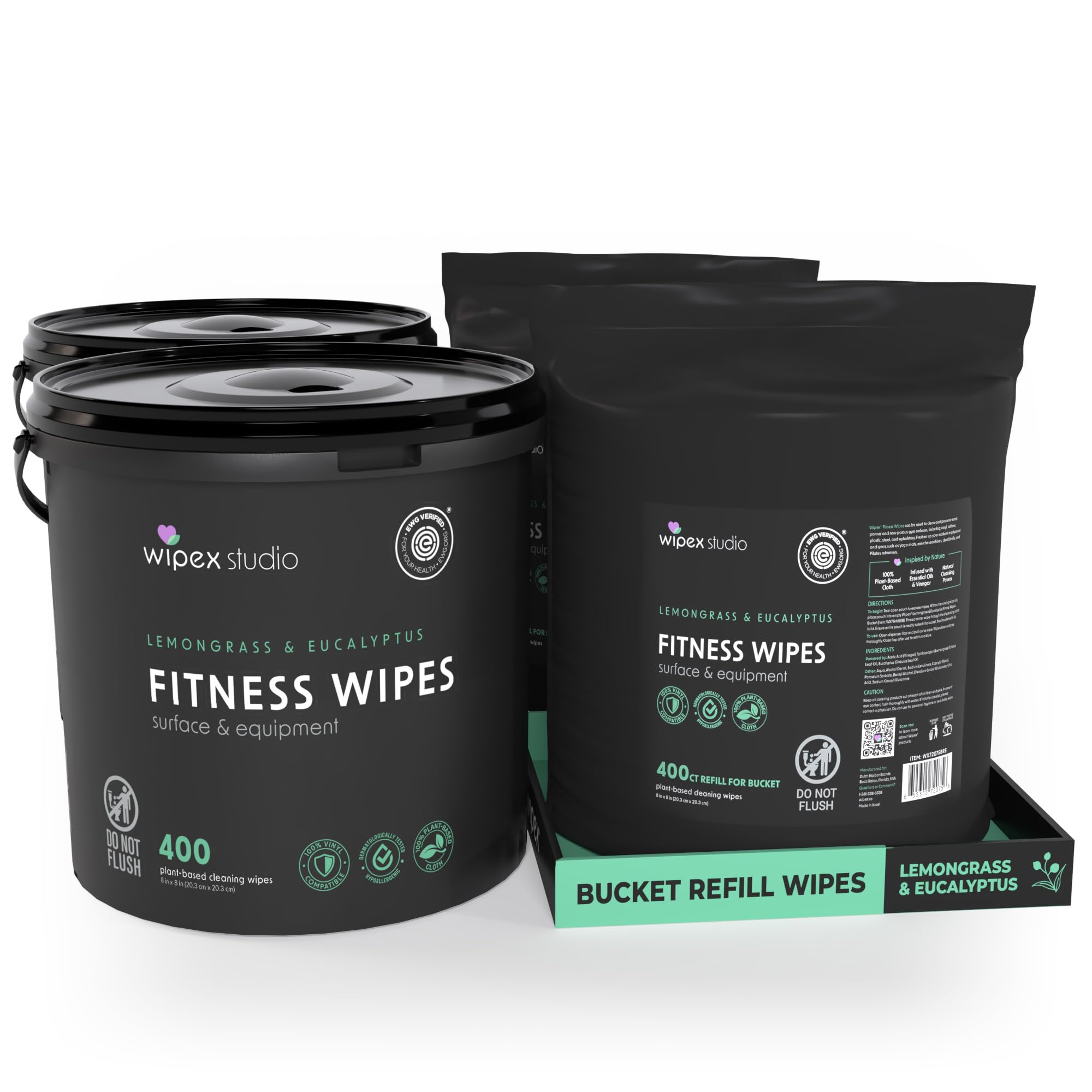 Wipex Gym Equipment Wipes Bundle - EWG Verified - Get 1600 Wipes with (2) Lemongrass & Eucalyptus Buckets & (2) Refill Rolls, Plant-Based Fitness