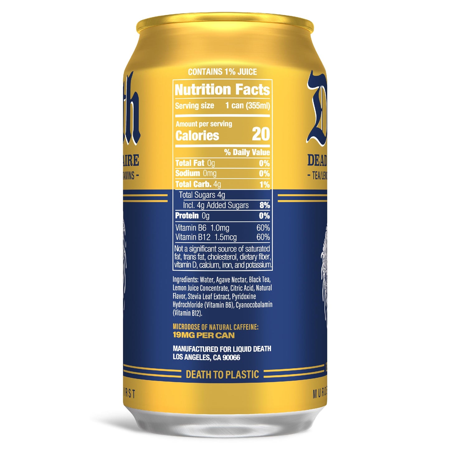 Liquid Death Iced Tea - Dead Billionaire (Black Tea/Lemonade), Less Sugar*, Boost of Caffeine, B Vitamins, No Artificial Sweeteners, 12 Fl Oz (Pack