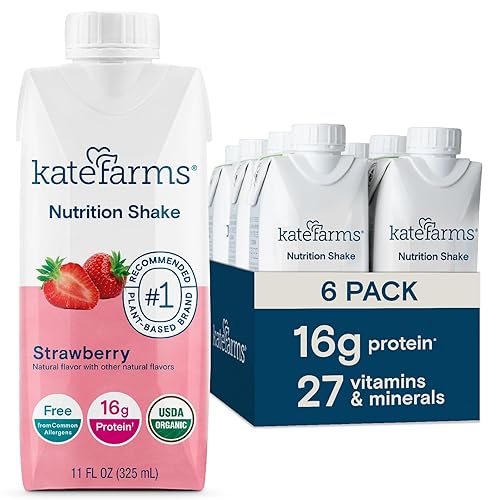 KATE FARMS Organic Nutrition Shake, Strawberry, 16g Protein, 27 Vitamins and Minerals, Meal Replacement, 11 oz (6 Pack)