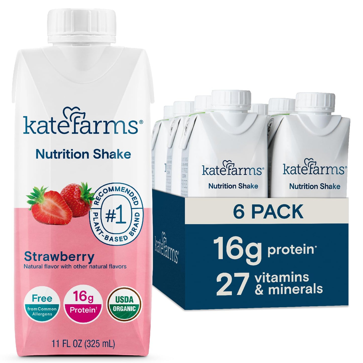 KATE FARMS Organic Nutrition Shake, Strawberry, 16g Protein, 27 Vitamins and Minerals, Meal Replacement, 11 oz (6 Pack)
