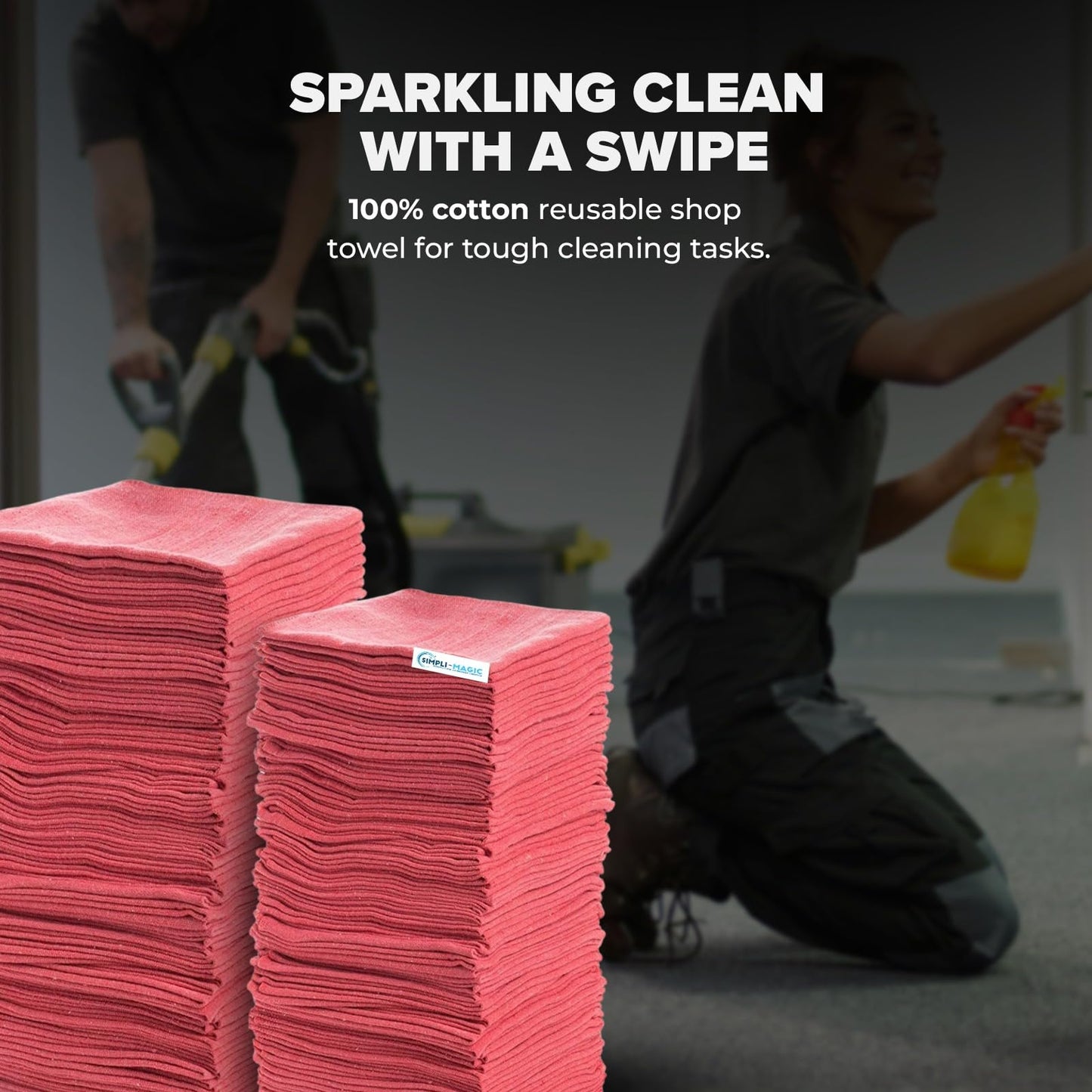 Simpli-Magic Cotton Shop Towels 14"x12" (110 Pack) - Reusable Cleaning Shop Rags for Automobiles, Industries, Garage and Homes (Red)