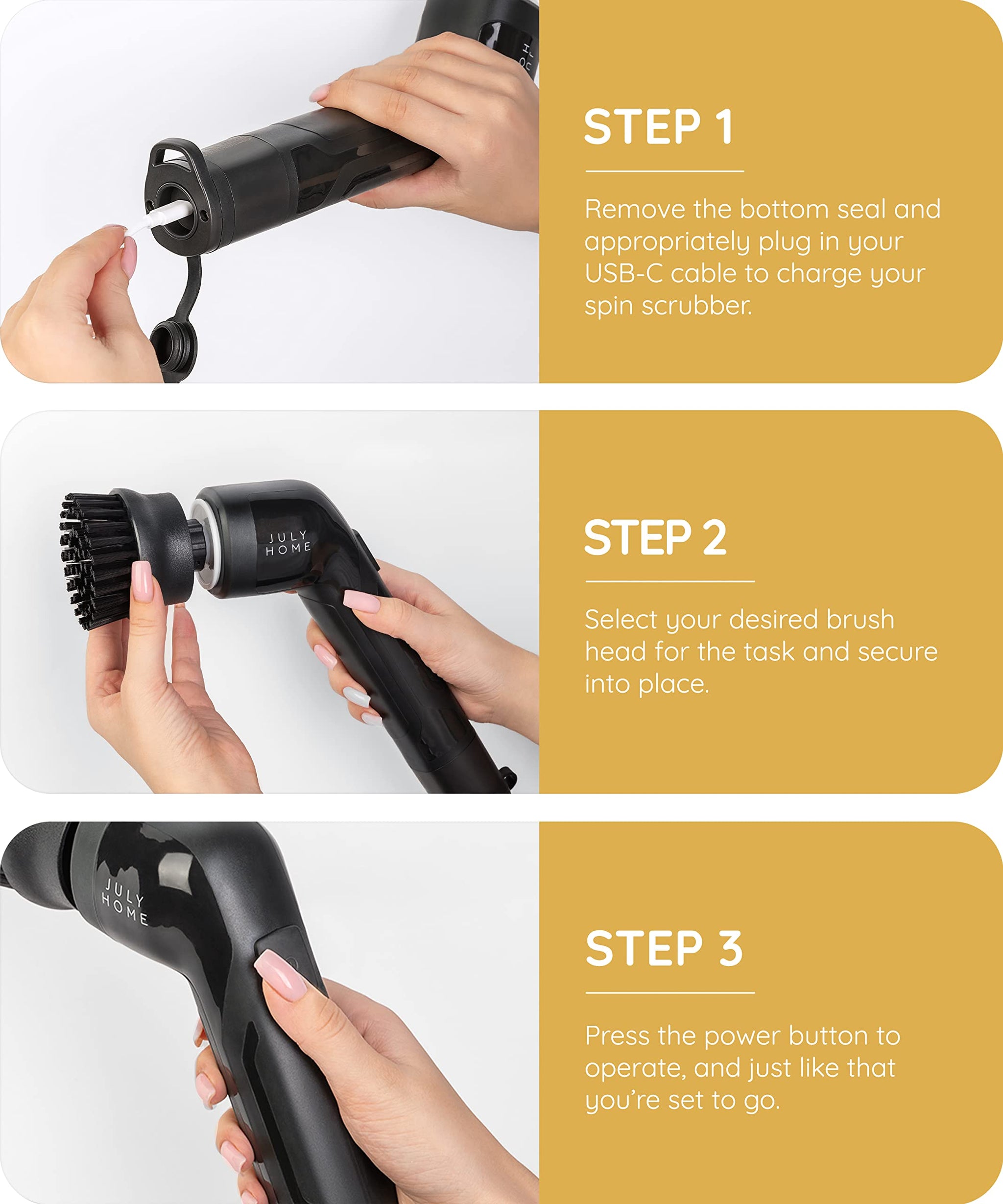 JULY HOME Handheld Electric Spin Scrubber, Cordless Automatic Power Scrubber for Shower, Cleaner for Tile, Grill, Dish, Sink, Shower Scrubber with 3