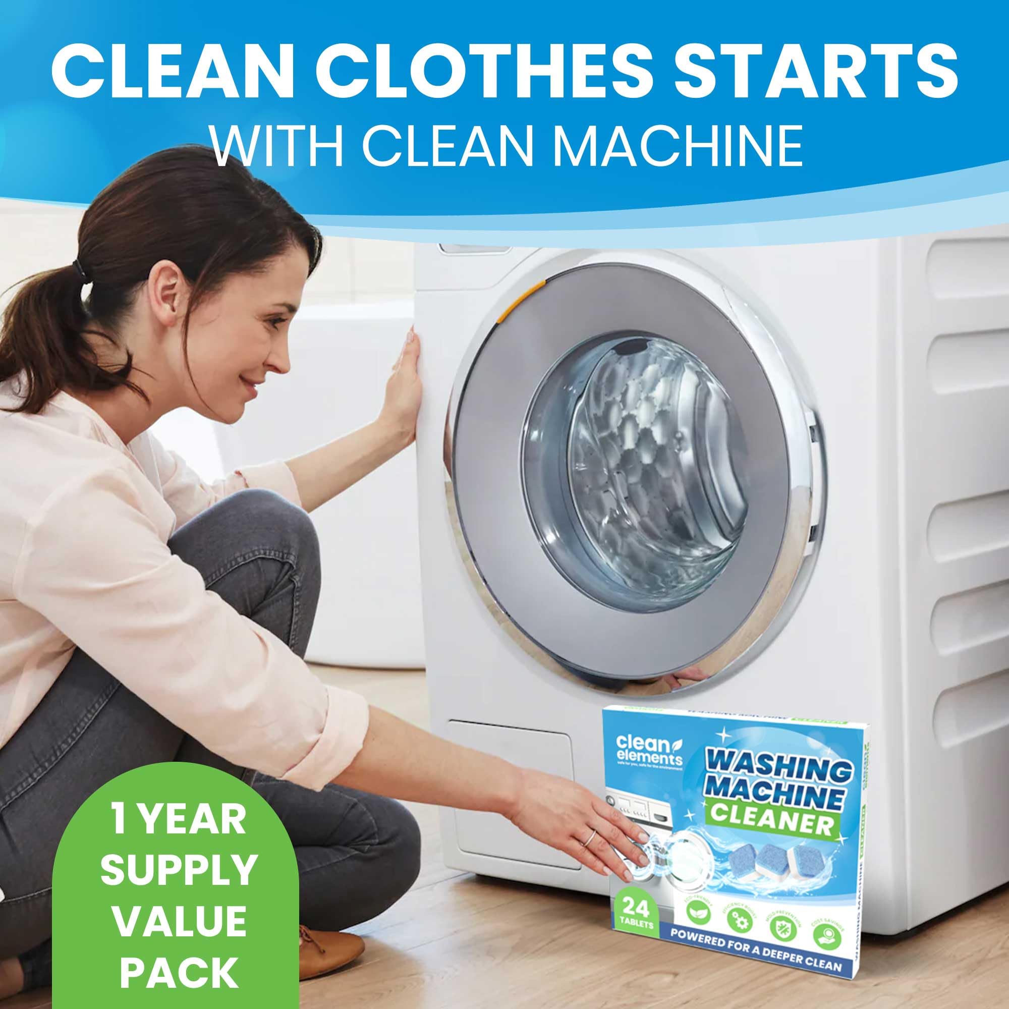 Clean Elements Washing Machine Cleaner Tablets 24 Pack - Deep Cleaning Descaler for HE, Front & Top Load Washers - Septic Safe, Eco-Friendly