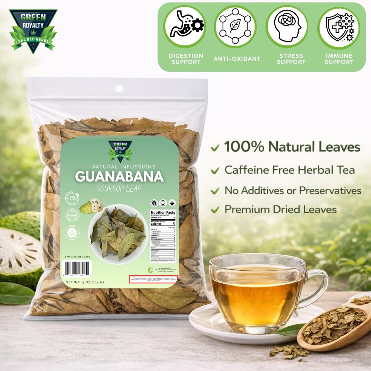 Hojas de Guanábana (té de hojas de guanábana) - Jumbo 4 onzas - 100% natural, vegano, sin OMG, elaborado en la naturaleza y auténtico - Té de hierbas