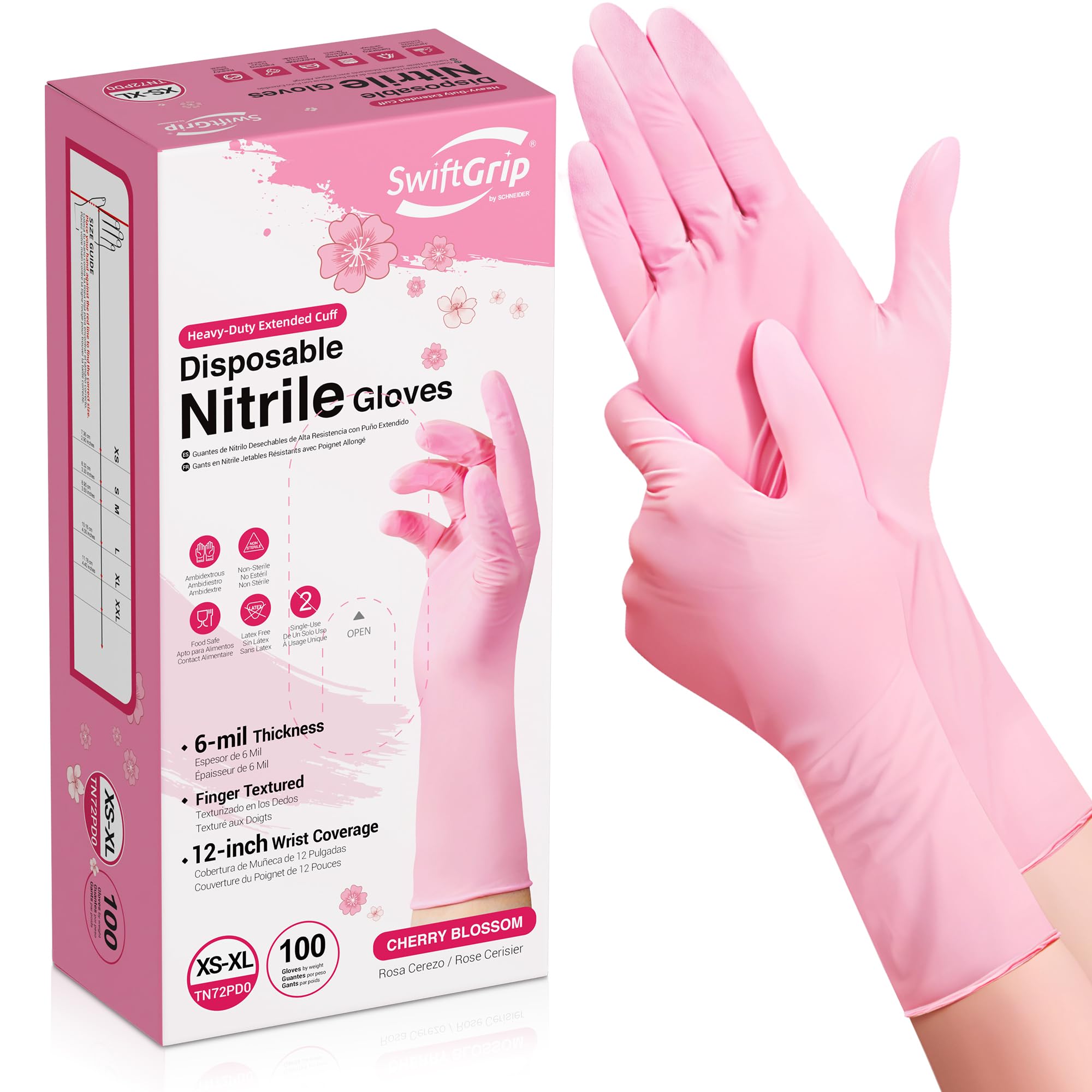 SwiftGrip Disposable Nitrile Dishwashing Gloves, Extended 12 Inches Cuff, 6-mil, Medium, Cherry Blossom Cleaning Gloves for Latex-Free, Ideal