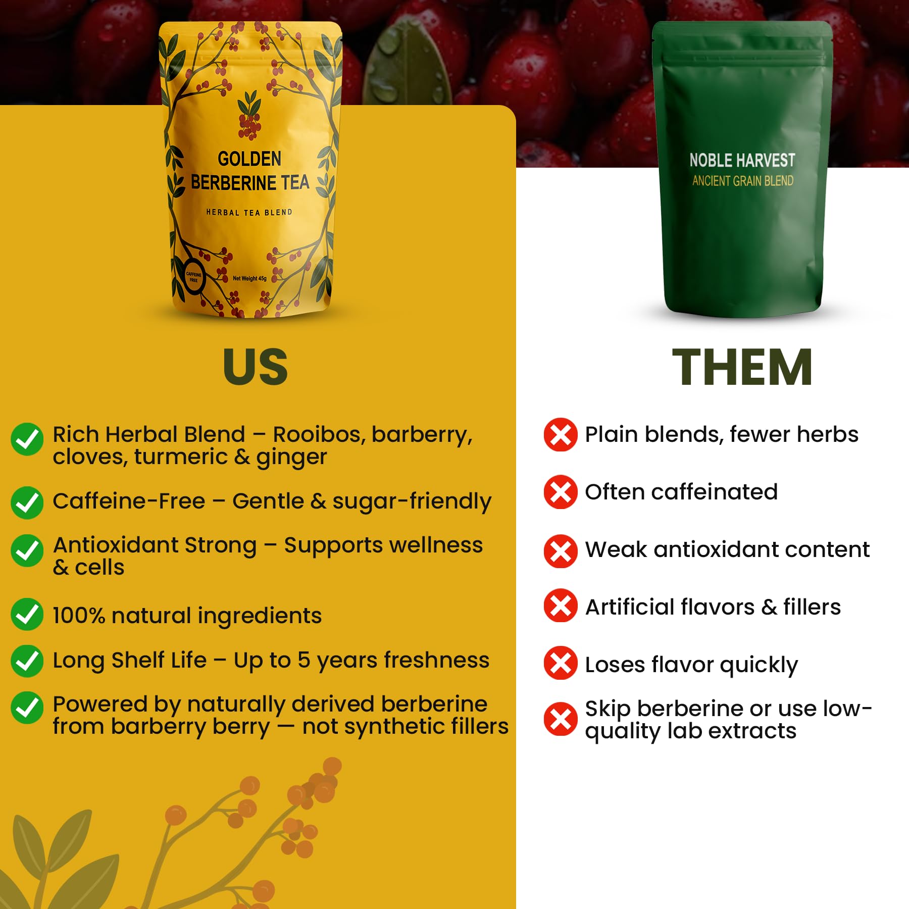 Berberine Tea 45g Natural Organic Caffeine-Free Blend Non-GMO Herbal in Plastic-Free Stand Alone Pouch Delicious Antioxidant for Immune Support