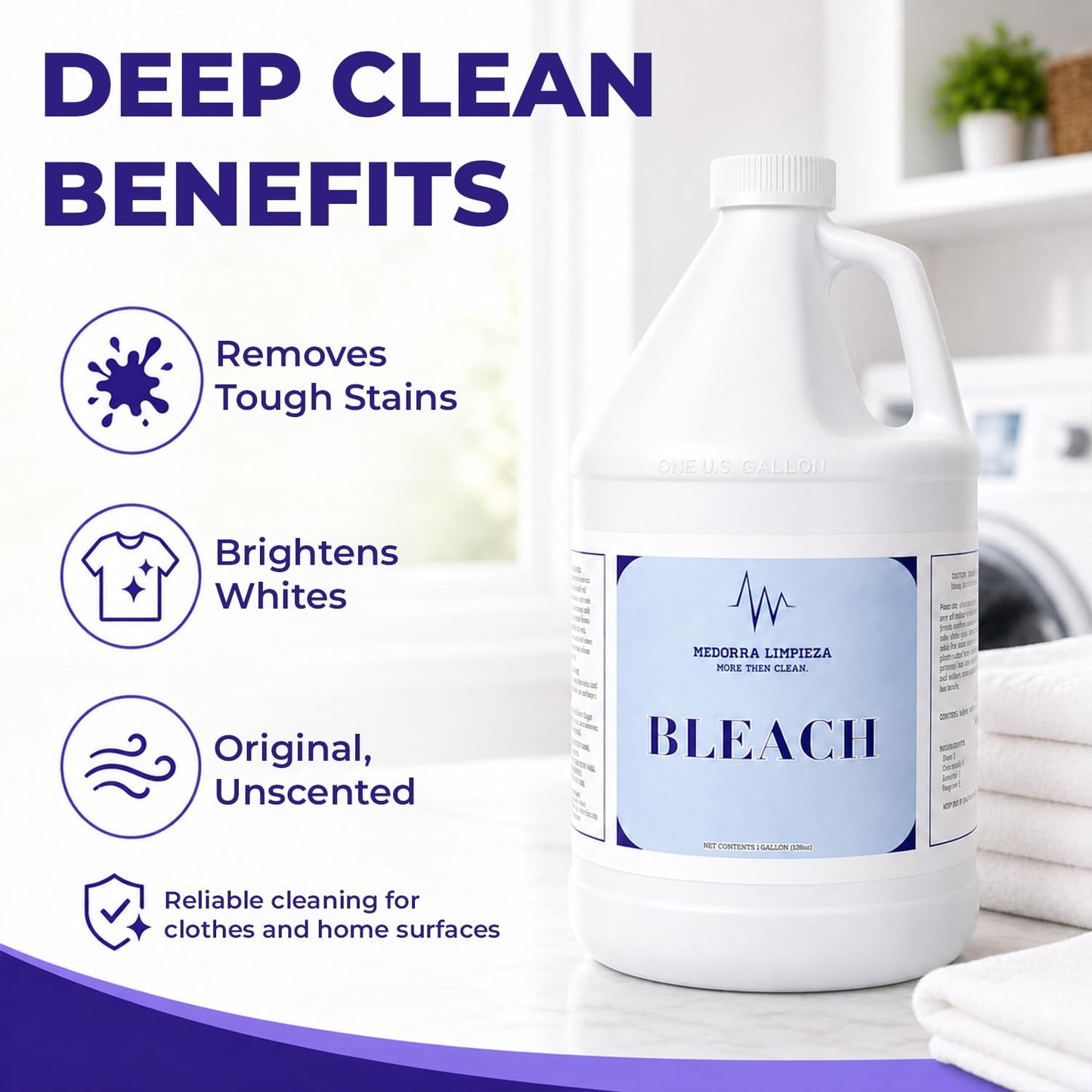 Medorra Liquid Bleach, 1 Gallon, 6-Pack, Original Unscented Chlorine Bleach, 128 fl oz Each, Multi-Purpose Cleaner for Laundry, Whites, Stain Removal