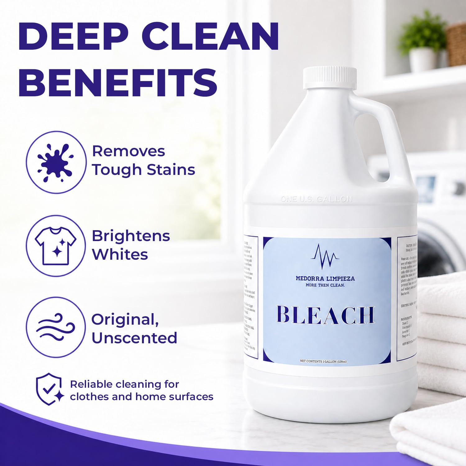 Medorra Liquid Bleach, 1 Gallon, 6-Pack, Original Unscented Chlorine Bleach, 128 fl oz Each, Multi-Purpose Cleaner for Laundry, Whites, Stain Removal