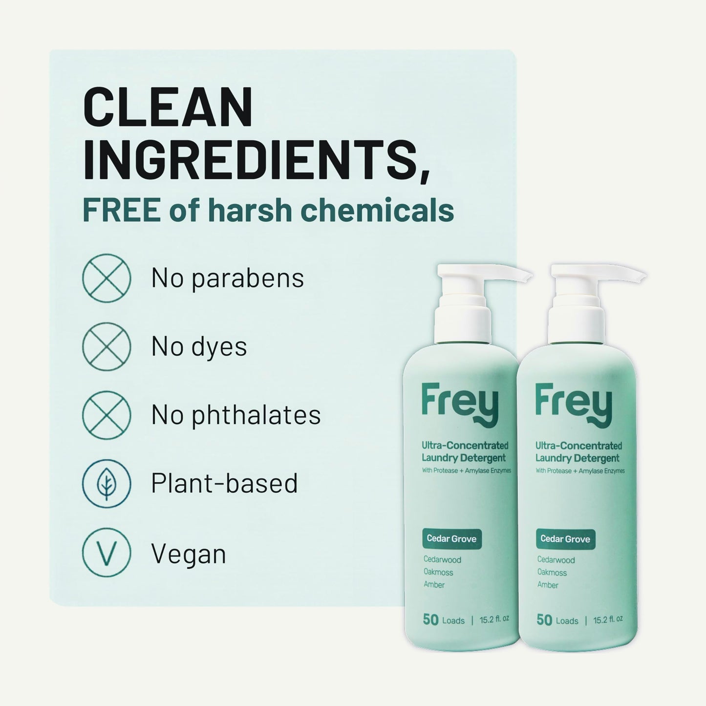 FREY Concentrated Liquid Laundry Detergent | Formulated for Sensitive Skin & HE Washers | Removes Stains Effectively | 50 Loads per Bottle (2-pack
