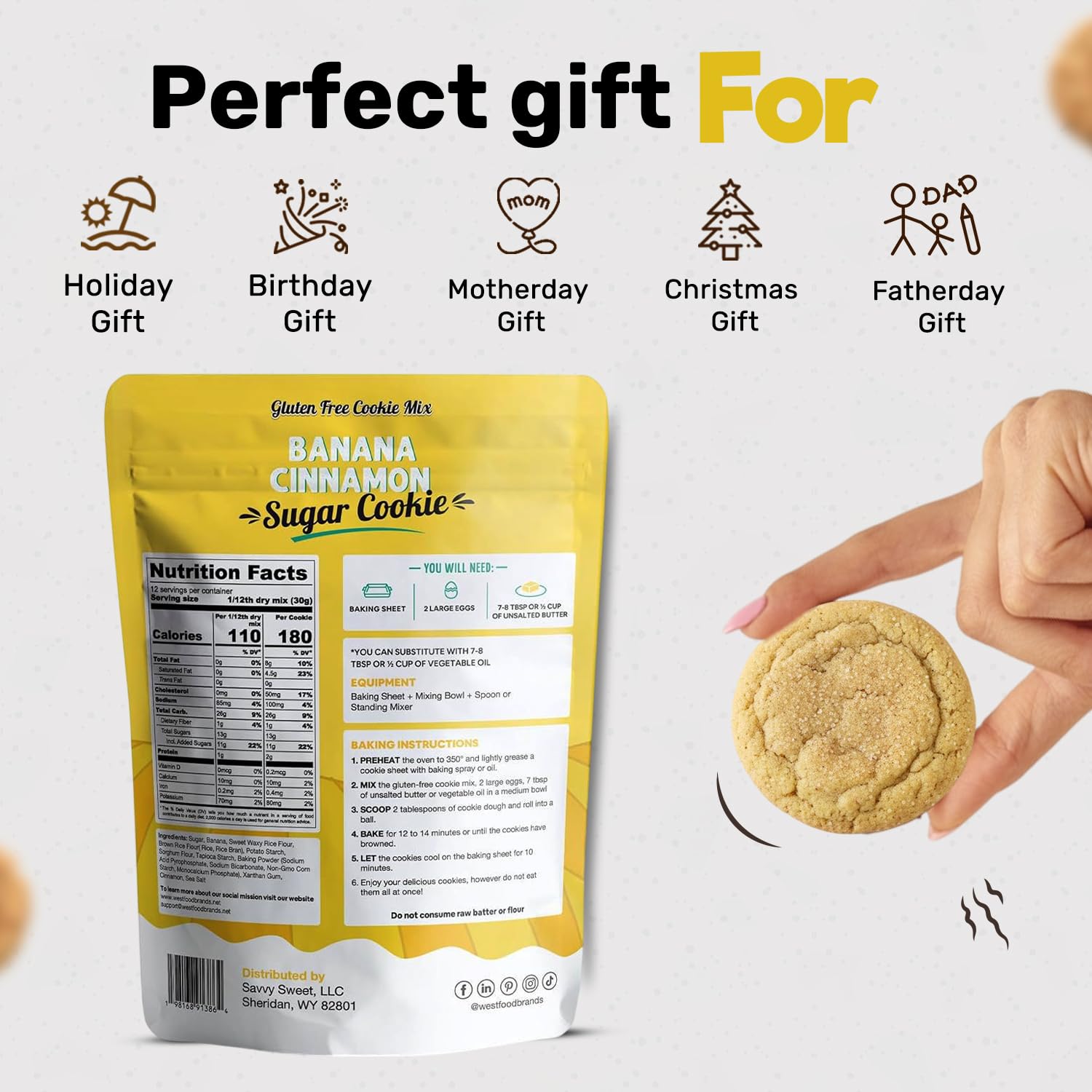 West Food Brands Real Banana Flavor Cinnamon Sugar Cookie Mix - Gluten Free Cookie Mix, Allergen Free & No Artificial Sweeteners - Natural Ingredients Cinnamon Cookies (1 Pack, 12 Cookies)