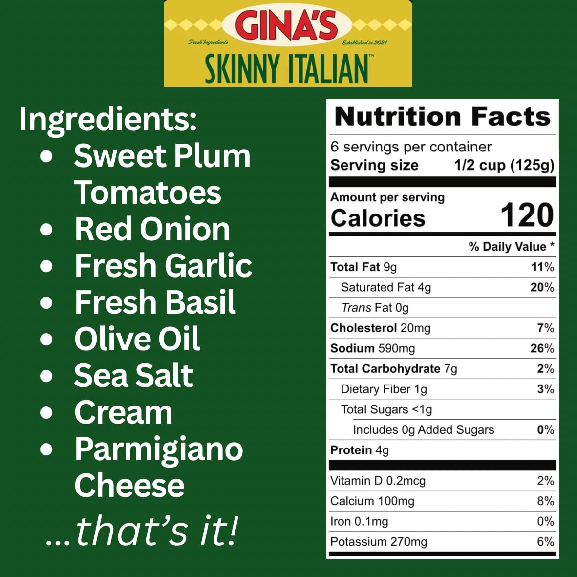 Gina’s Skinny Italian Tomato Parmigiano Cream, 2-Pack (Two 24 oz Jars) | No Sugar Added, Low Carb, Decadent, Keto & Gluten Free Pasta Sauce | Clean