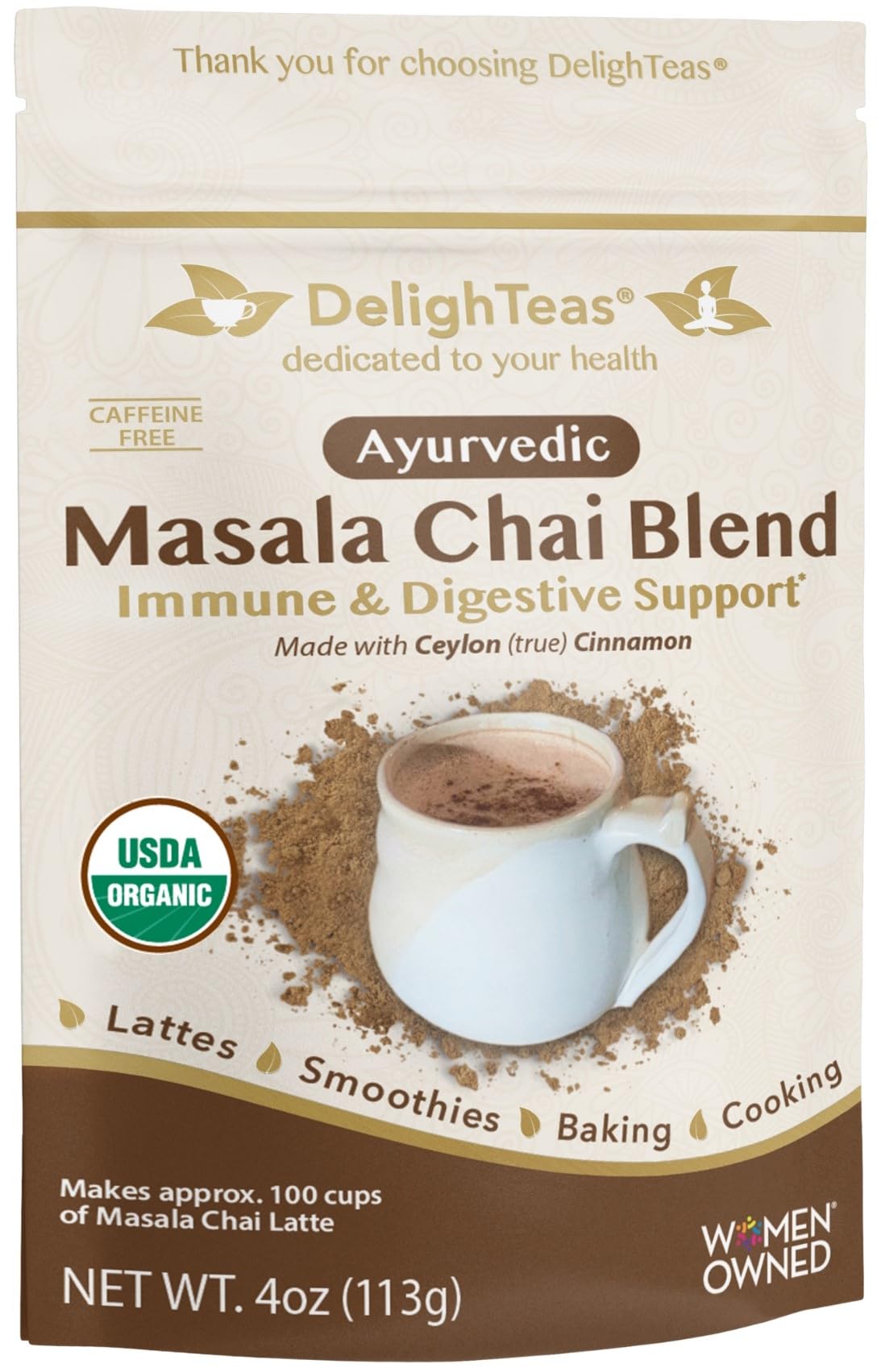 DelighTeas Organic Masala Chai Powder | Caffeine free, Unsweetened, Vegan, Keto | Ayurvedic Digestive Support blend for Chai Spice Tea | 100 Servings