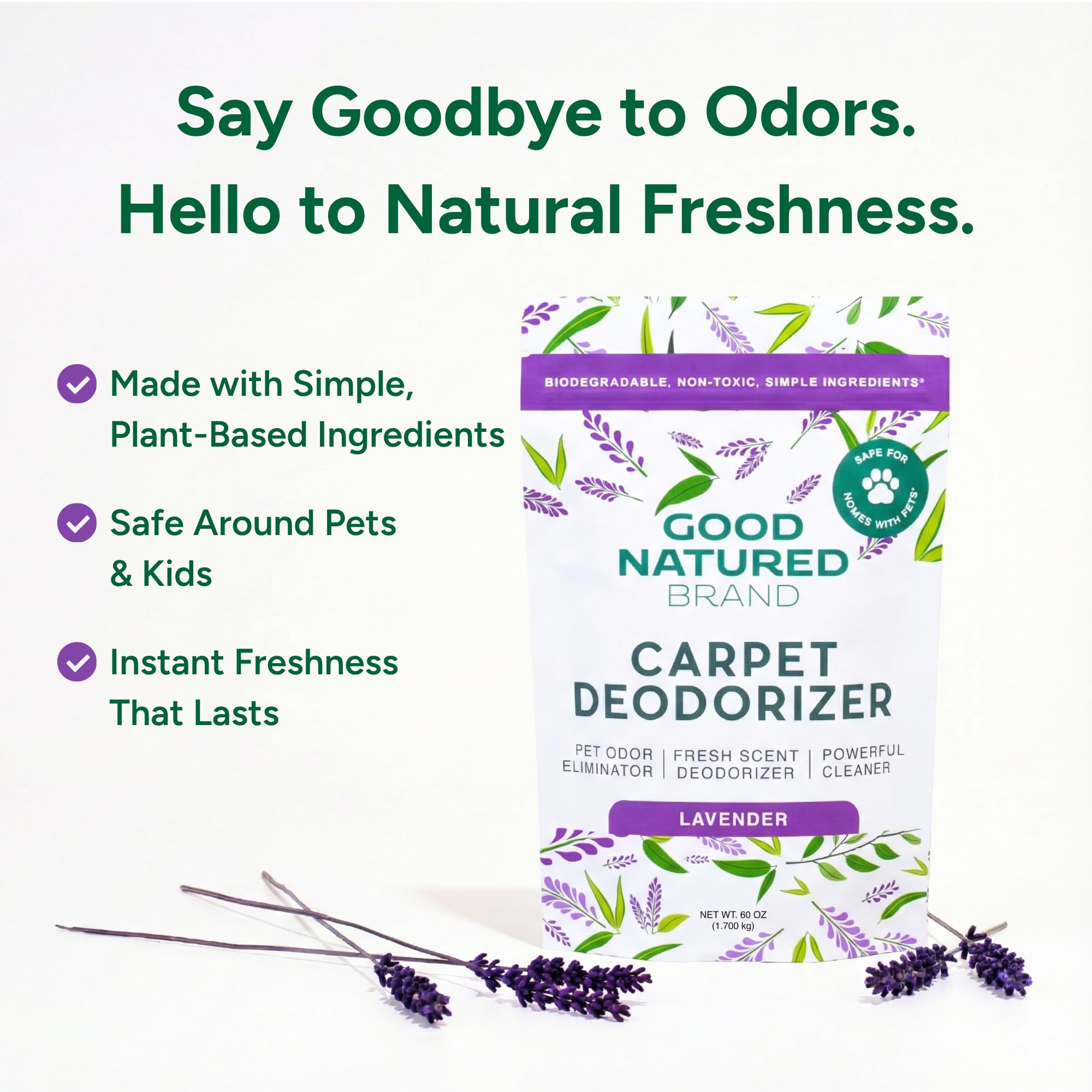 Good Natured Brand | Carpet Deodorizer & Freshener Powder | 60 oz Pet Odor Eliminator for Strong Odor & Pet Urine | Fresh Natural Lavender | Safe