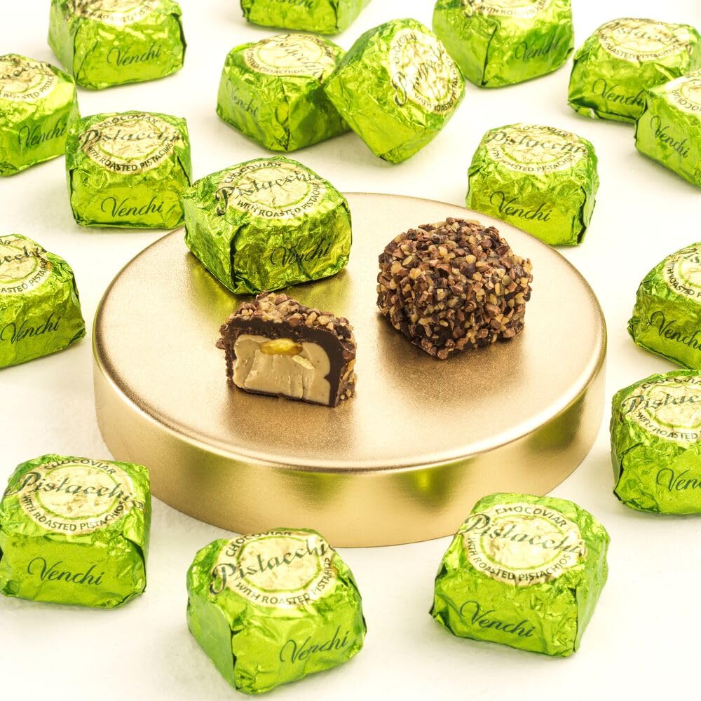 Venchi Chocoviar Pistachio Chocolate 15-Piece Elegant Gift Box - Creamy Pistachio & Hazelnut Paste, Dark Chocolate Shell Topped With Toffee Grains