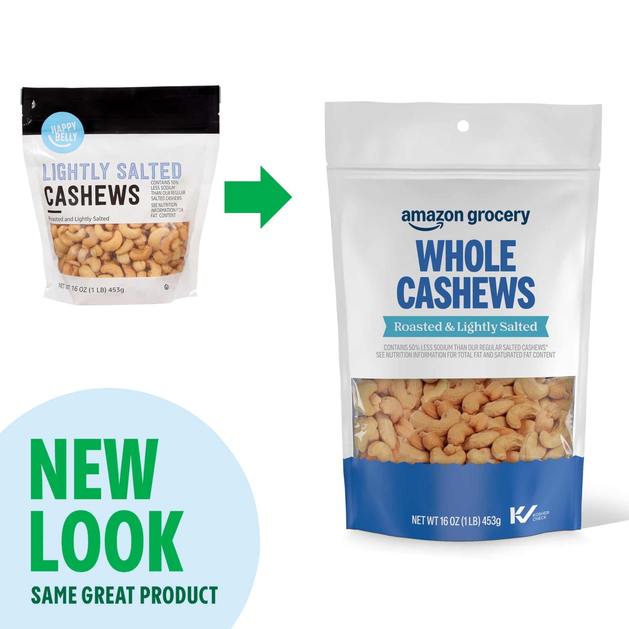 Amazon Grocery, Whole Cashews, Roasted & Lightly Salted, 16 Oz (Previously Happy Belly, Packaging May Vary)
