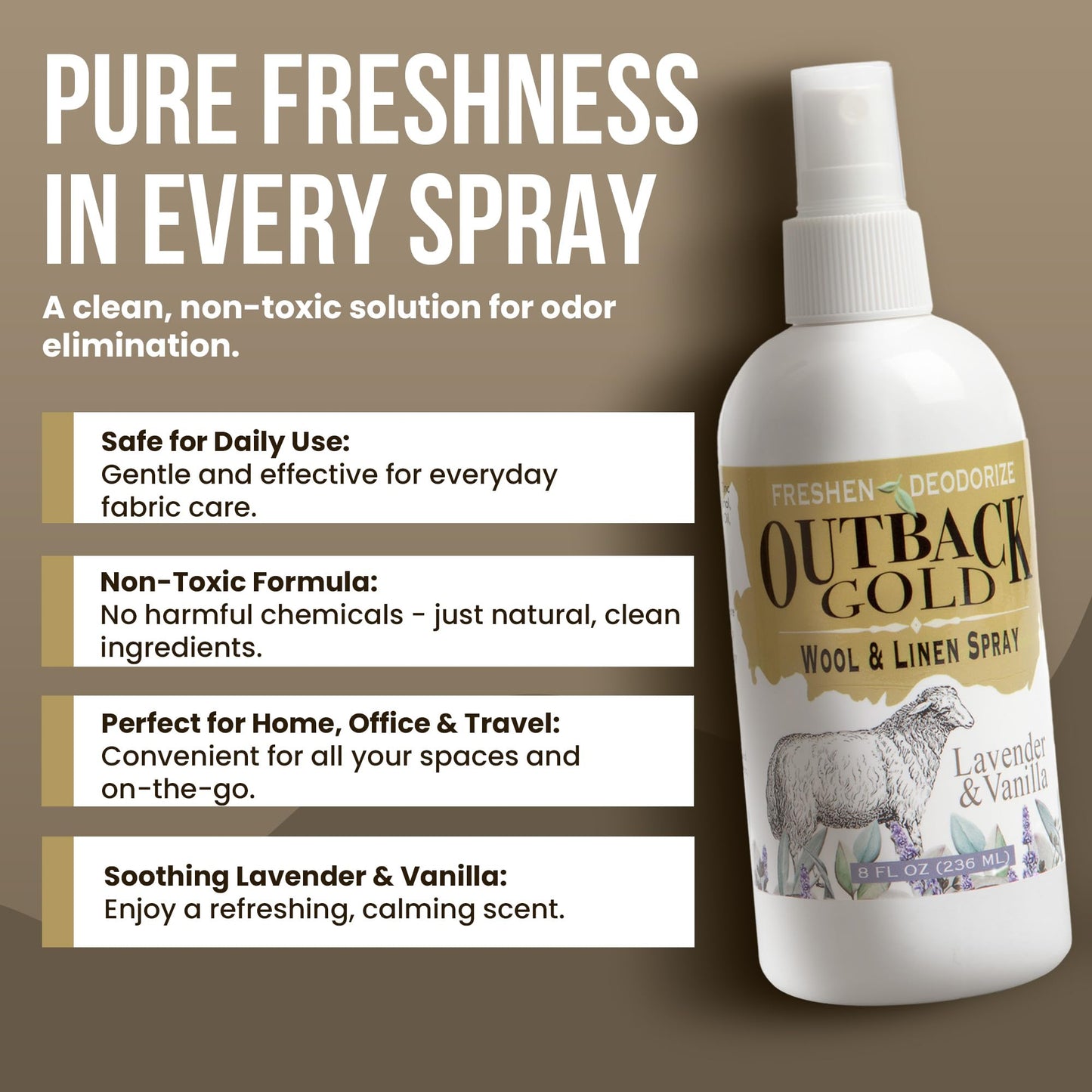 Outback Gold - Linen Spray & Fabric Freshener Spray, Natural Bed Spray for Wool & Linen, Lavender & Vanilla Scent, Essential Oils, Eco-Friendly