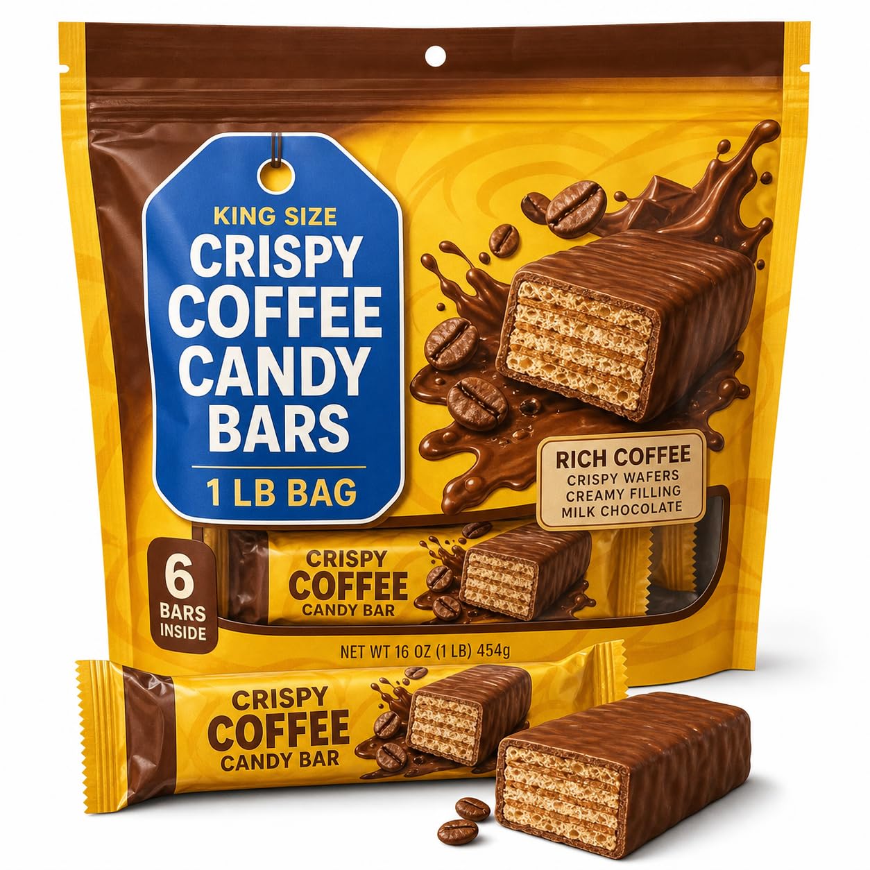 King Size Crispy Coffee Candy Bars, 2.64 oz Each, Pack of 6, 1 Pound Bag
