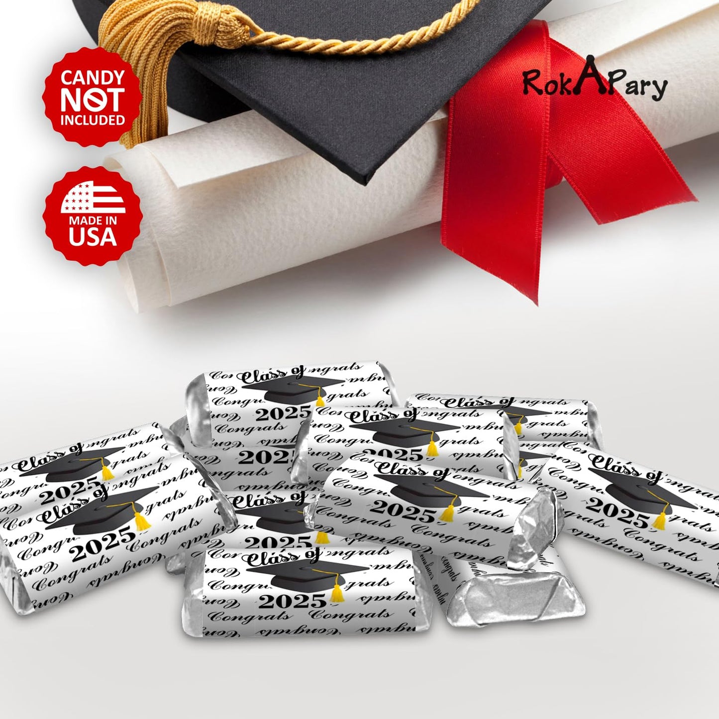 60 Graduation Cap Party Class of 2026 Miniatures Candy Bar Wrapper, (Set of 60) Mini Candy Chocolate Bar Stickers, Labels, Candy Not Included, Color