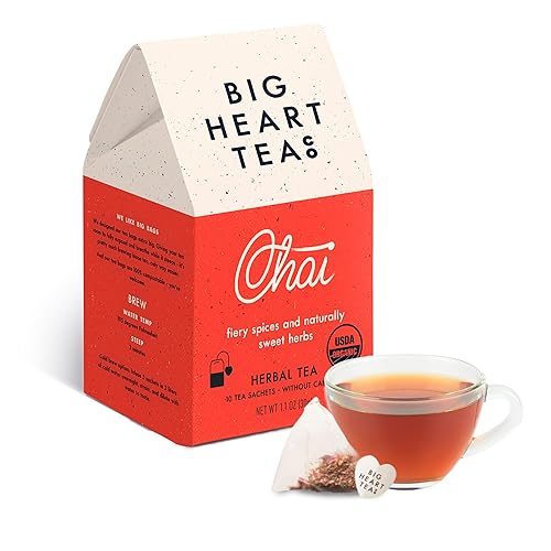 Big Heart Tea Co. Tea Bags - Fiery Masala Chai - Certified Organic, Ayurvedic Herbal Decaf Tea with Small Batch Ground Sweet Herbs and Spices