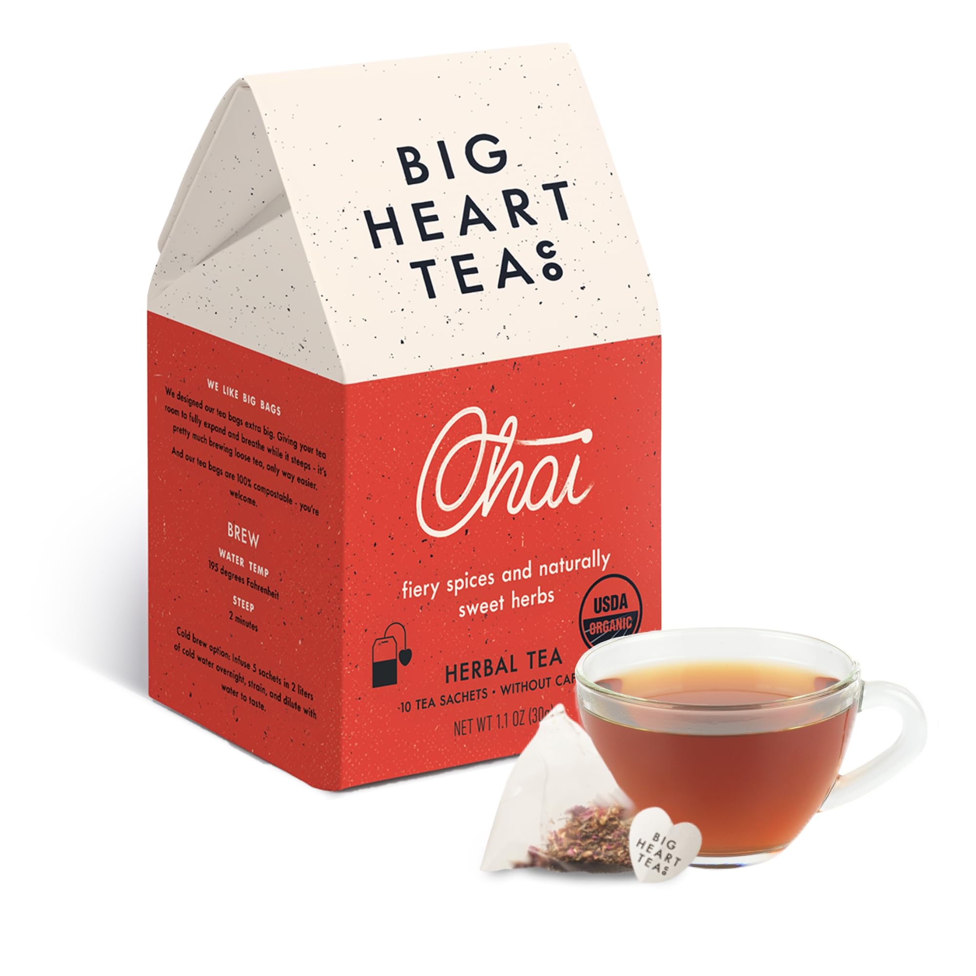 Big Heart Tea Co. Tea Bags - Fiery Masala Chai - Certified Organic, Ayurvedic Herbal Decaf Tea with Small Batch Ground Sweet Herbs and Spices