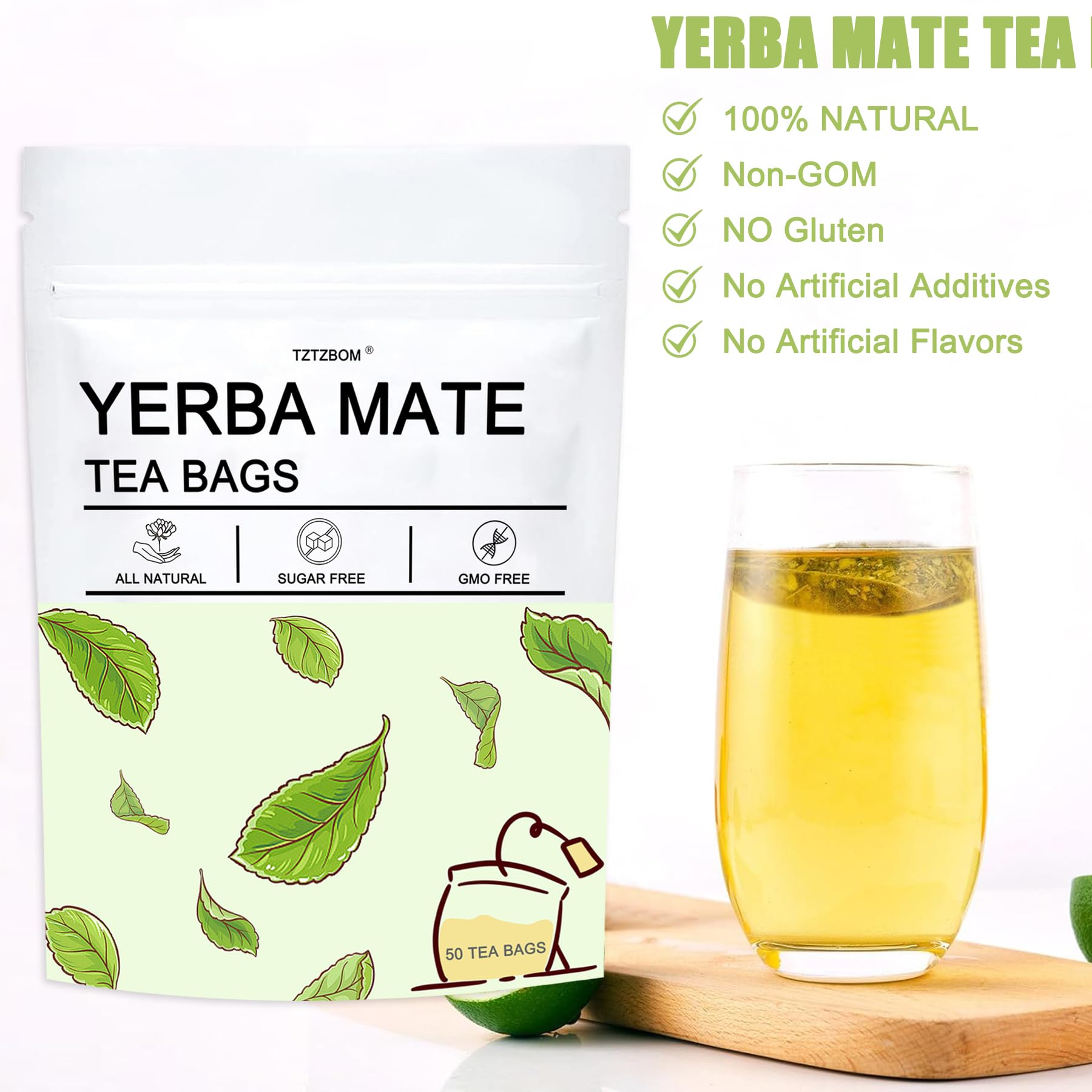 Yerba Mate Tea Bags - Unsmoked Yerba Mate, Hi-Caffeine - Organic Detox Tea - Rich in Chlorophyll, Antioxidants and Vitamins & Boost Energy, 50 Count