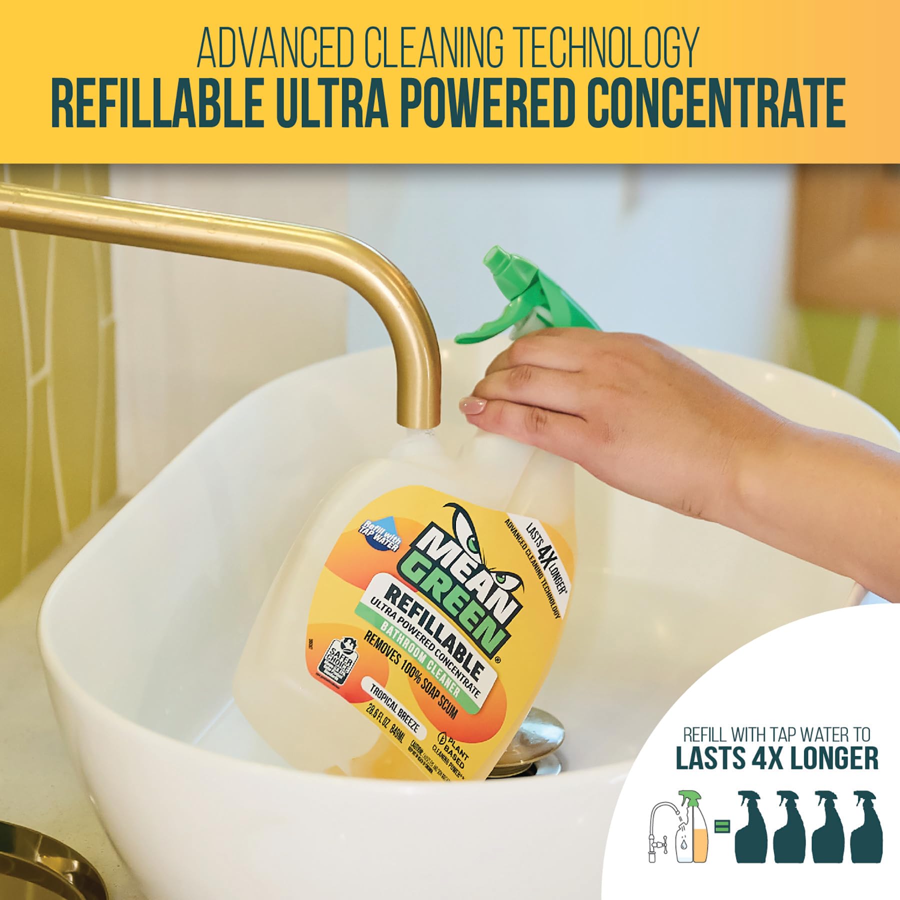 Mean Green Refillable Ultra Powered Bathroom Cleaner Concentrate, Tropical Breeze, 14.3 fl oz - Plant & Mineral Based, Removes 100% of Soap Scum