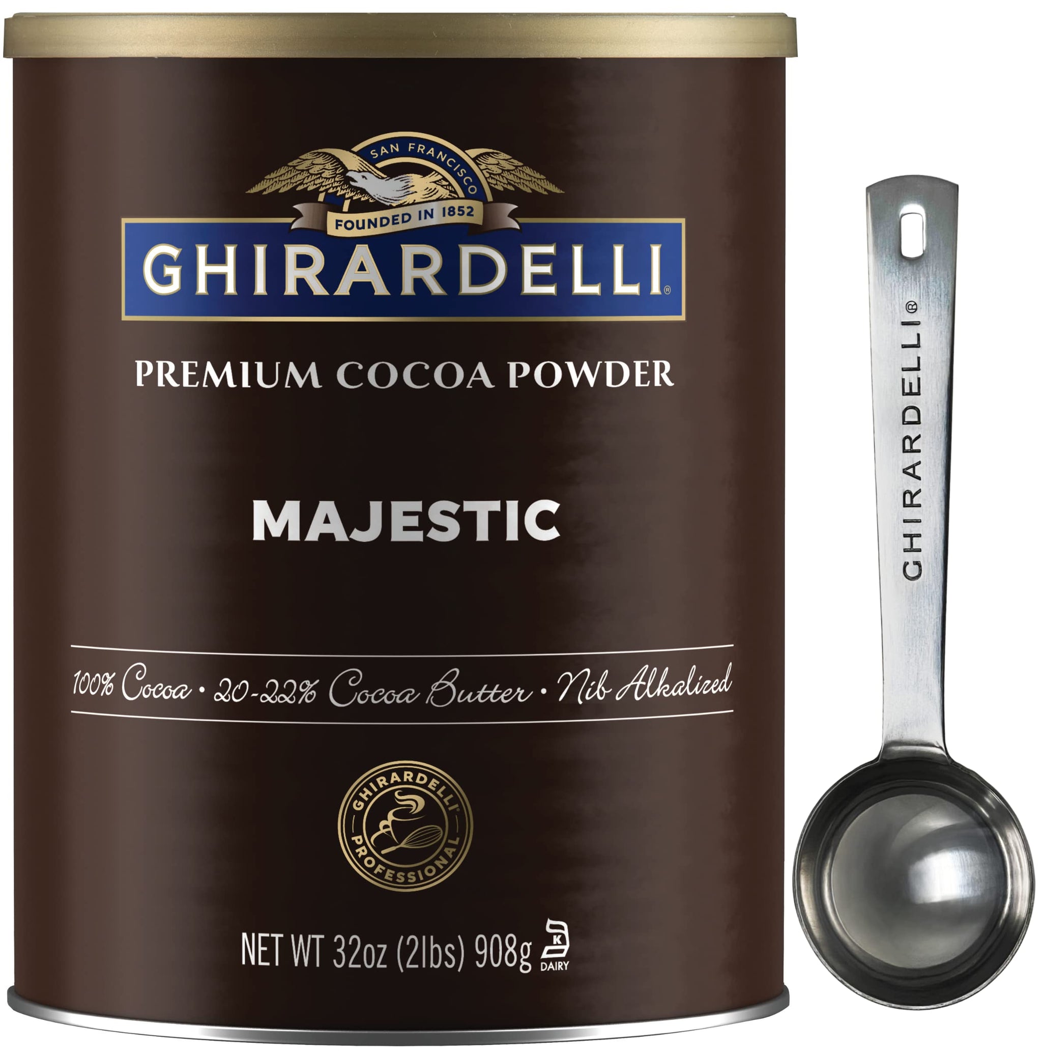 Ghirardelli Majestic Premium Cocoa Powder, 2 Pound Can with Ghirardelli Stamped Barista Spoon