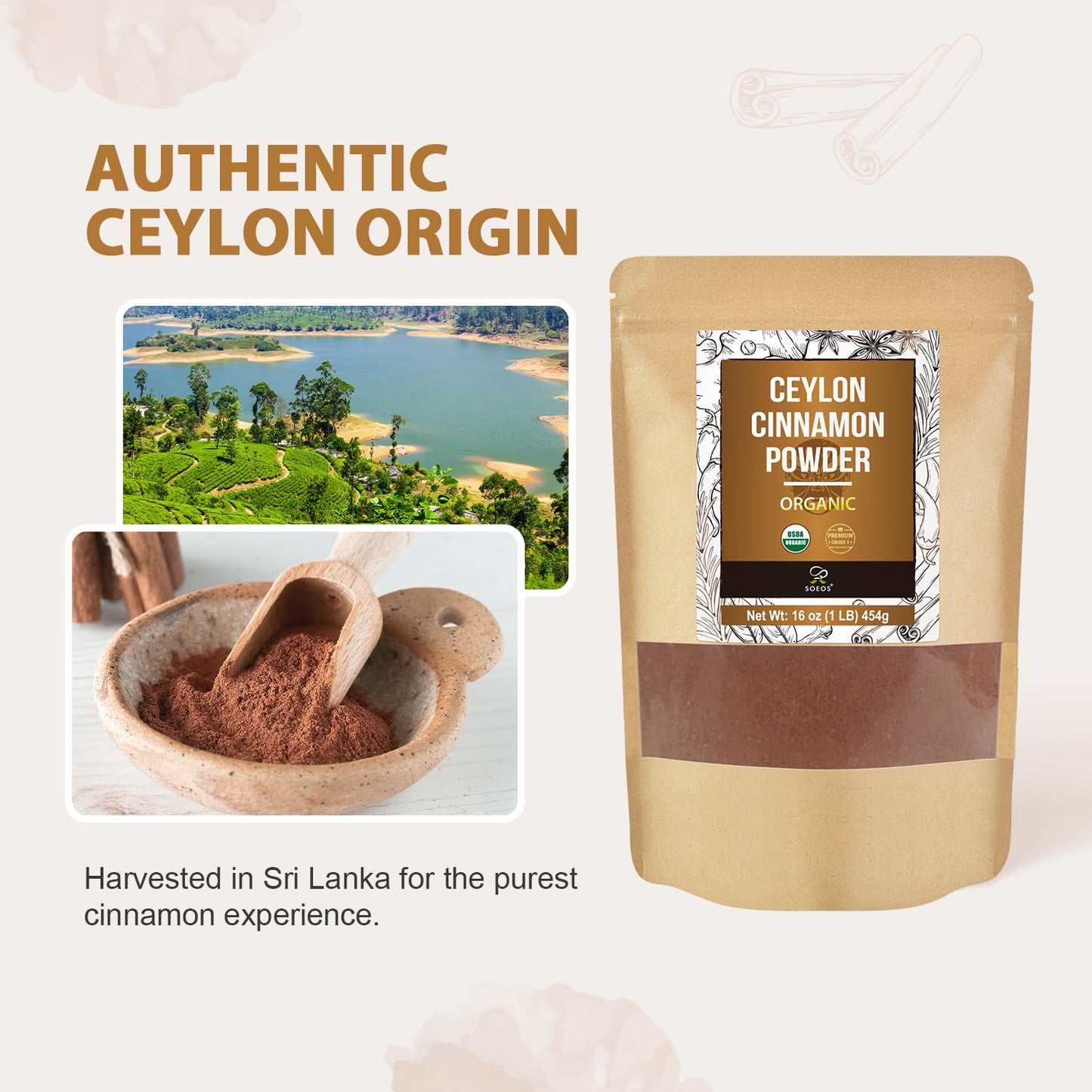 Soeos Organic Ceylon Cinnamon Powder, 16oz (454g), Premium Ground Cinnamon, Non-GMO, Gluten-Free, Freshly Packed