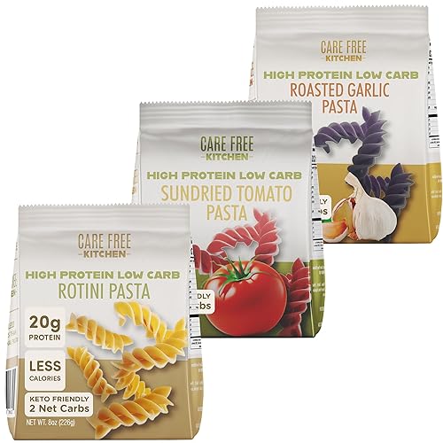 Care Free Kitchen Rotini Keto Pasta Noodles Variety 3-Pack (8 oz. Bags) Plain, Sundried Tomato, Roasted Garlic, 20g High Protein, Low Carb 2g Net