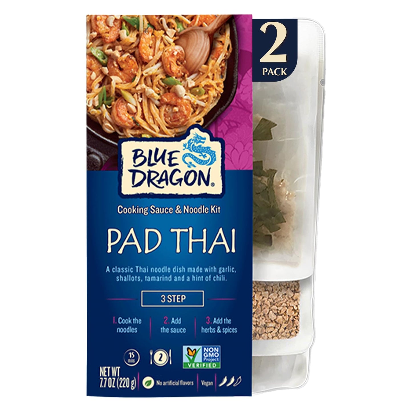Blue Dragon Pad Thai 3 Step Cooking Sauce & Rice Noodle Kit - 7.7oz (Pack of 2) - Pre-Portioned Sachets of Dried Rice Noodles, Pad Thai Sauce,