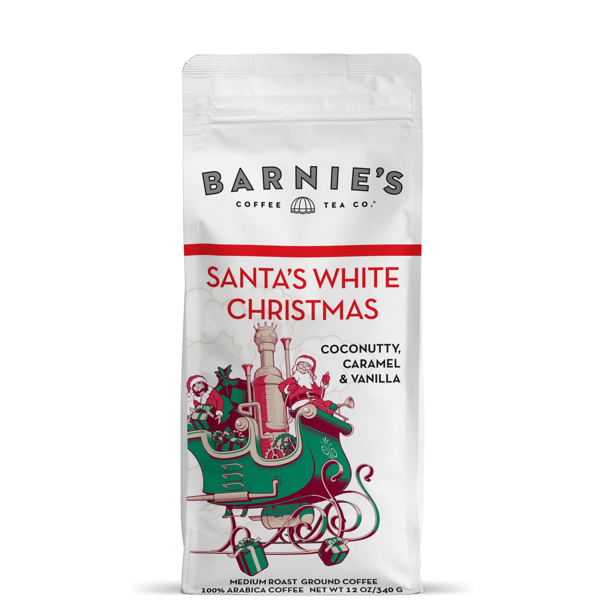 BARNIE'S COFFEE TEA Santa's White Christmas Ground Coffee with Smooth Coconut, Caramel, and Warm Vanilla Flavors, Medium Roasted Arabica Coffee Beans