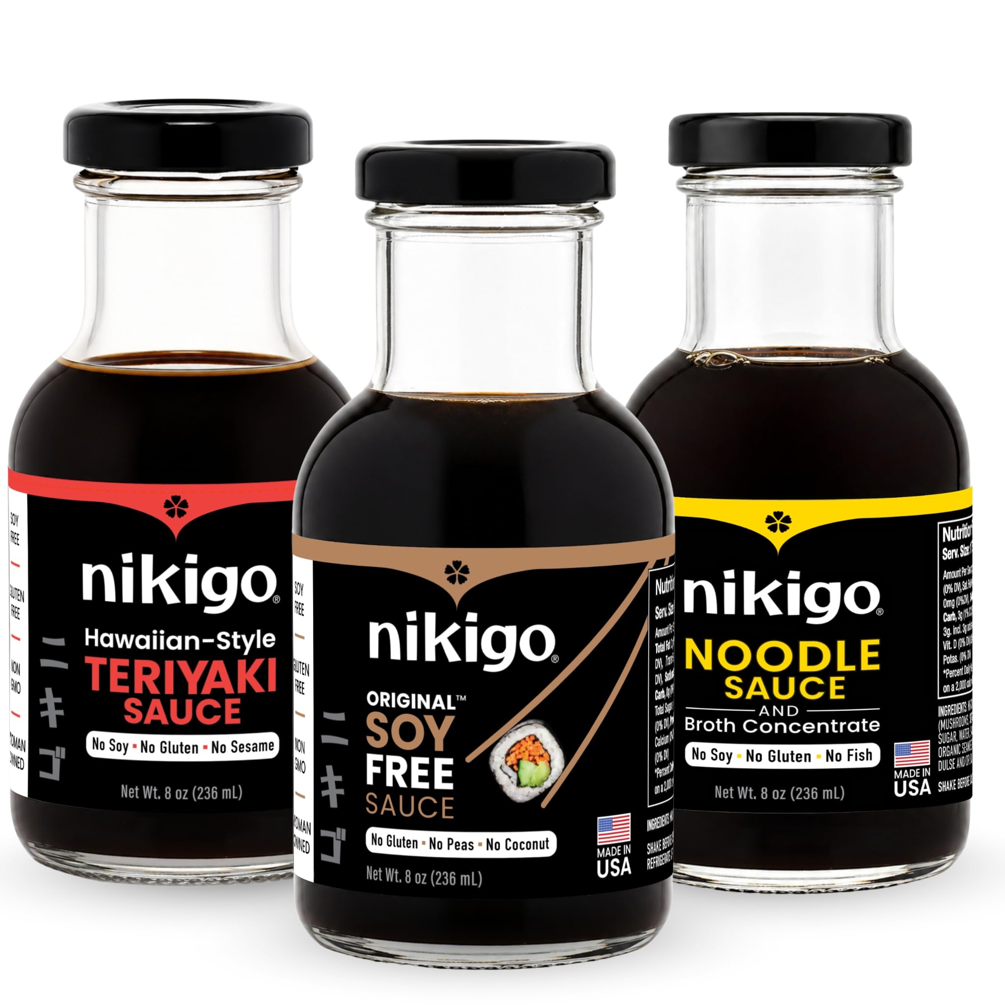 NIKIGO Soy Free Sauces Variety Pack - Original Soy Free Sauce, Hawaiian-Style Teriyaki Sauce, Noodle Sauce & Broth Concentrate - Premium Soy Sauce