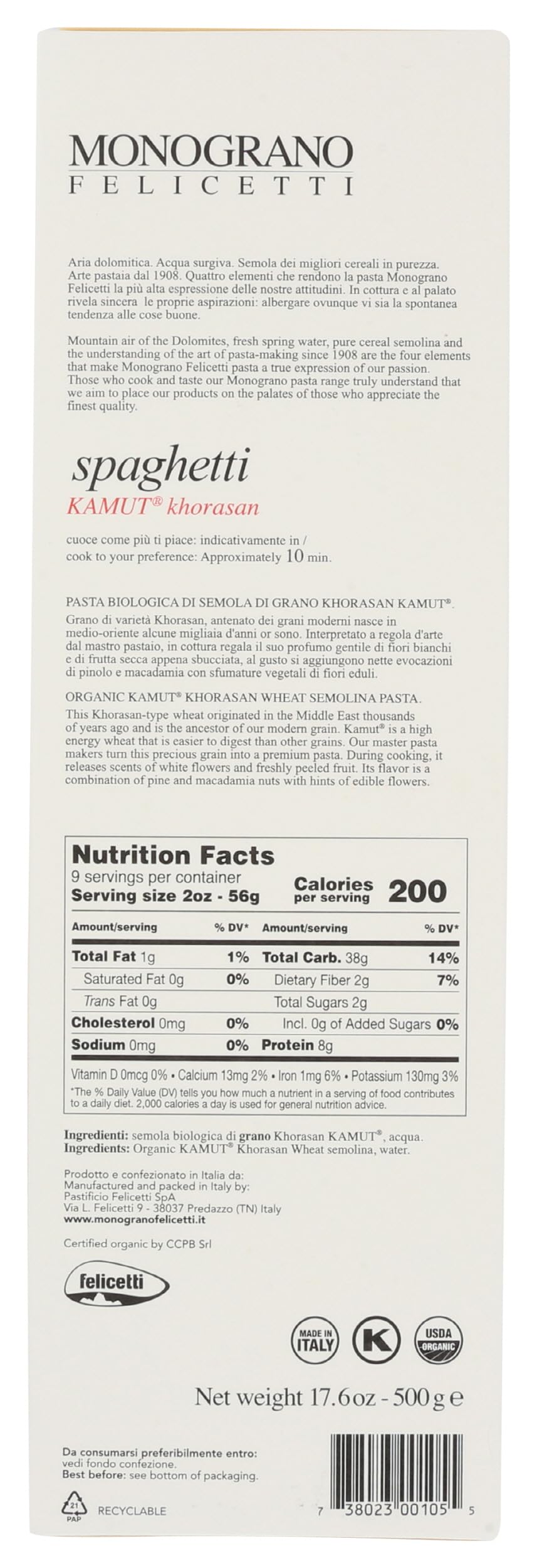 Monograno Felicetti, Pasta Spaghetti Kamut, 17.64 Ounce