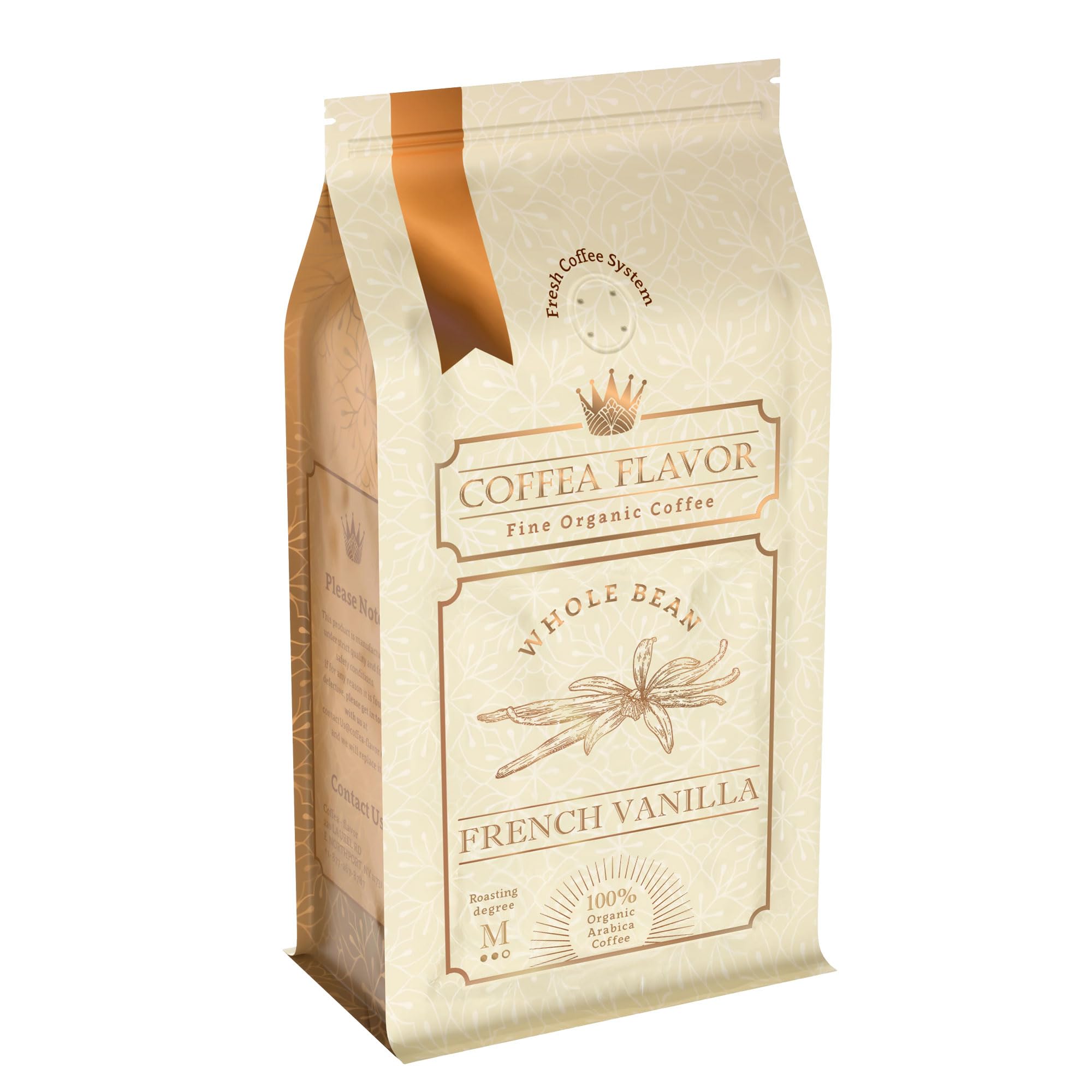 French Vanilla Flavored Whole Bean Coffee - 100% Arabica, Single Origin, Medium Roast, USDA Organic, No Sugar Added, Naturally Sweetened - by Coffea