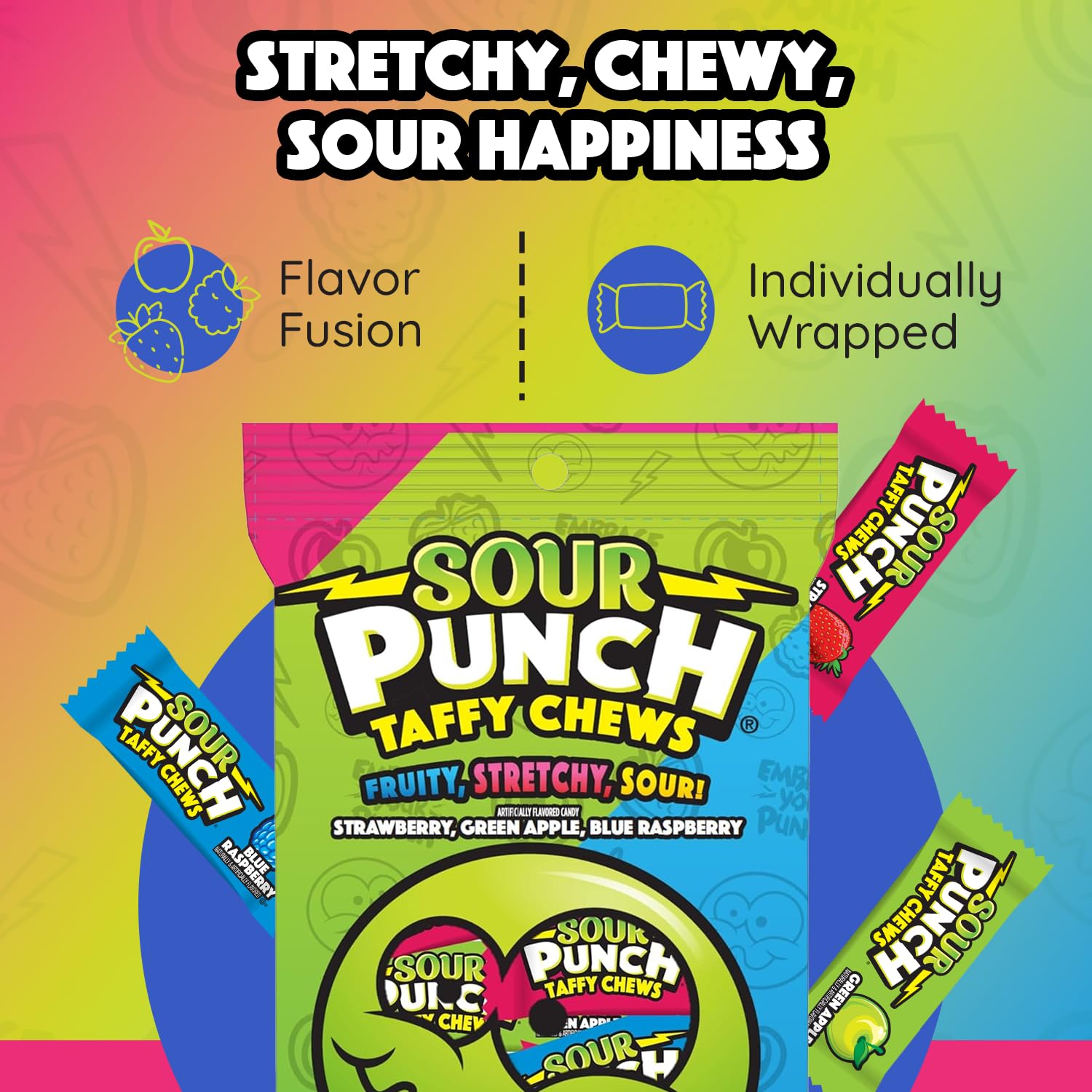 Sour Punch Taffy Candy Chews - 7 oz Bag (Pack of 1) - (Strawberry, Blue Raspberry, Green Apple) - Individually Wrapped Chewy Candy - Fun Sour Chewy