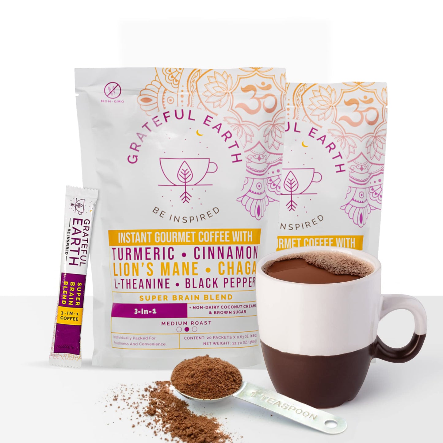 Grateful Earth Mushroom Coffee, Coconut Instant Coffee with Cinnamon, Turmeric, Lion’s Mane Mushrooms, L-Theanine, Chaga, Super Brain Blend, Energy